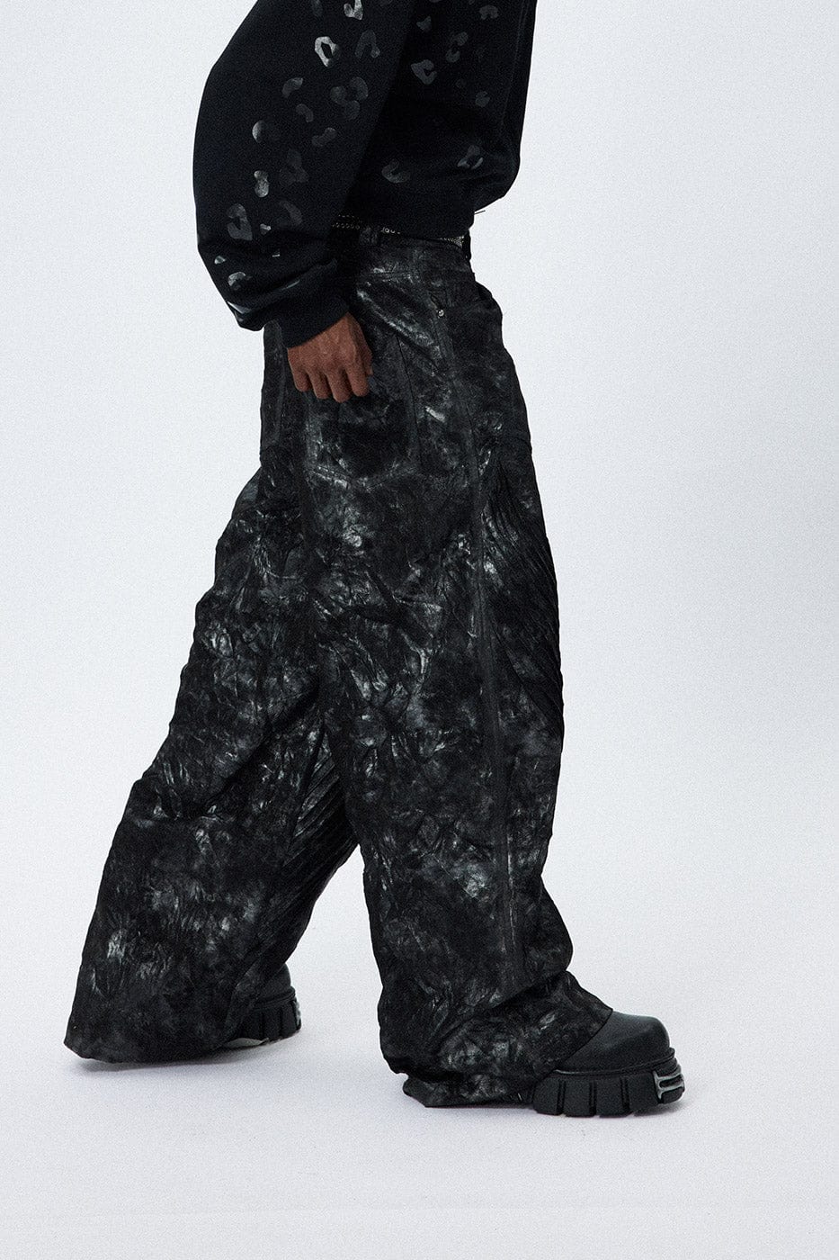 DND4DES Faux Leather Wrinkled Motorcycle Pants, premium urban and streetwear designers apparel on PROJECTISR.com, DND4DES