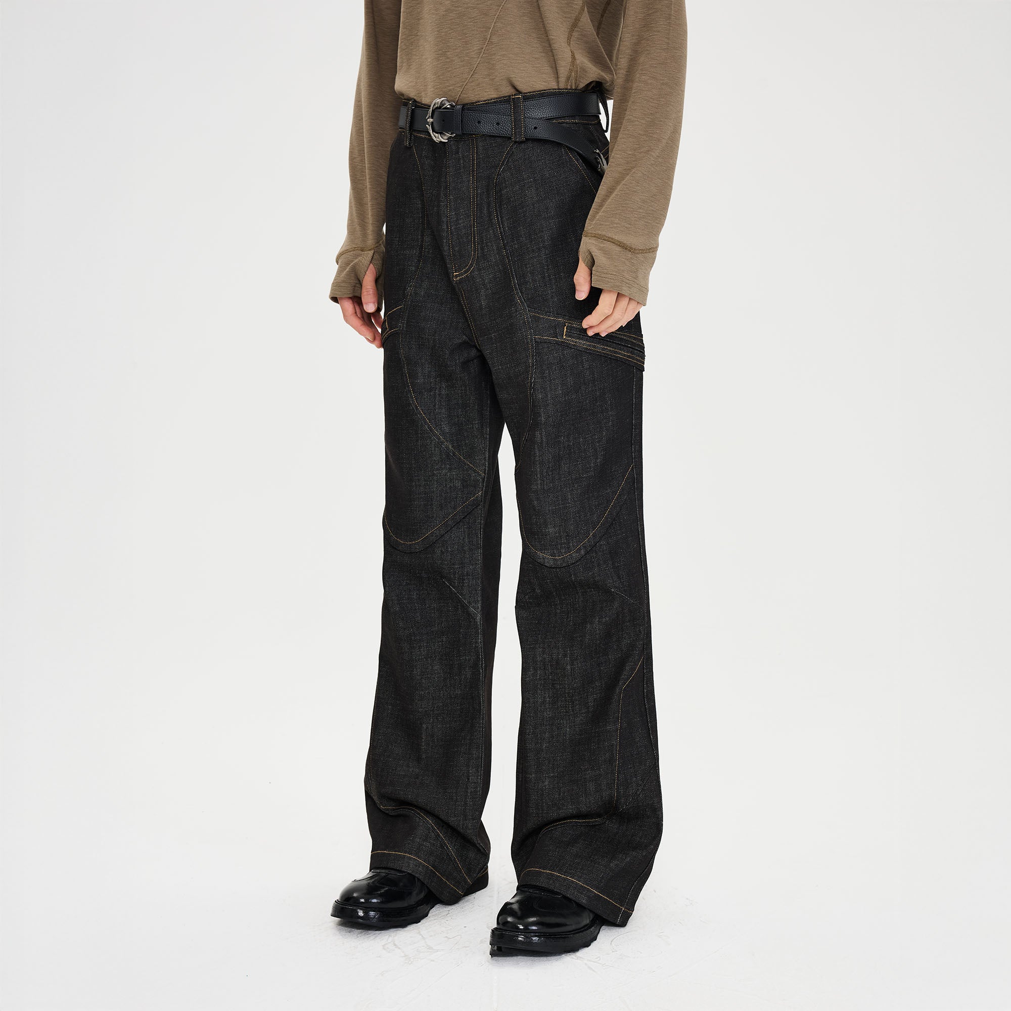 CATSSTAC Retro Curved Seam Panel Raw Jeans, premium urban and streetwear designers apparel on PROJECTISR.com, CATSSTAC