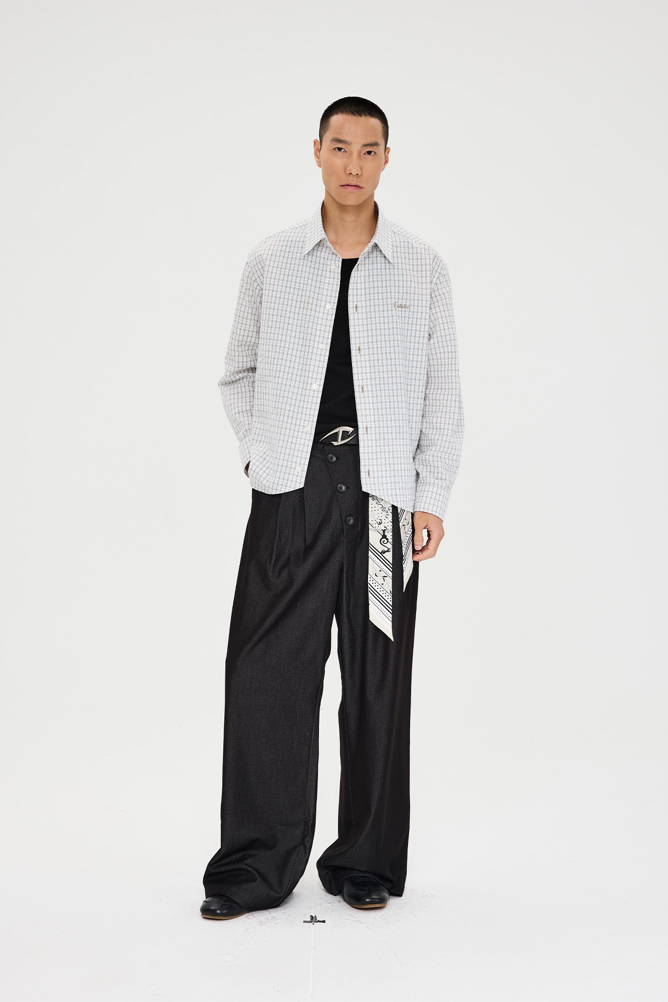CATSSTAC Asymmetric Button Pleated Wide-Leg Trousers, premium urban and streetwear designers apparel on PROJECTISR.com, CATSSTAC