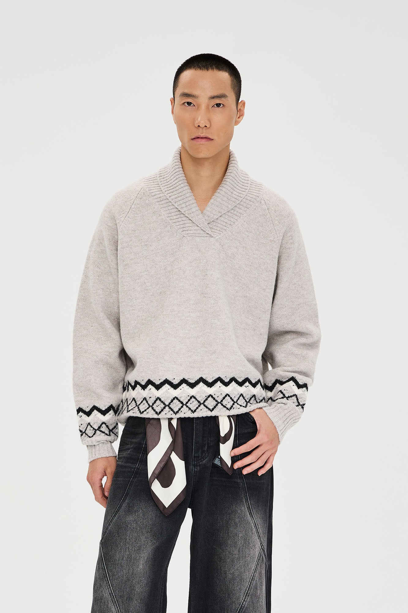 CATSSTAC Nordic Pattern Hem Shawl Collar Sweater, premium urban and streetwear designers apparel on PROJECTISR.com, CATSSTAC