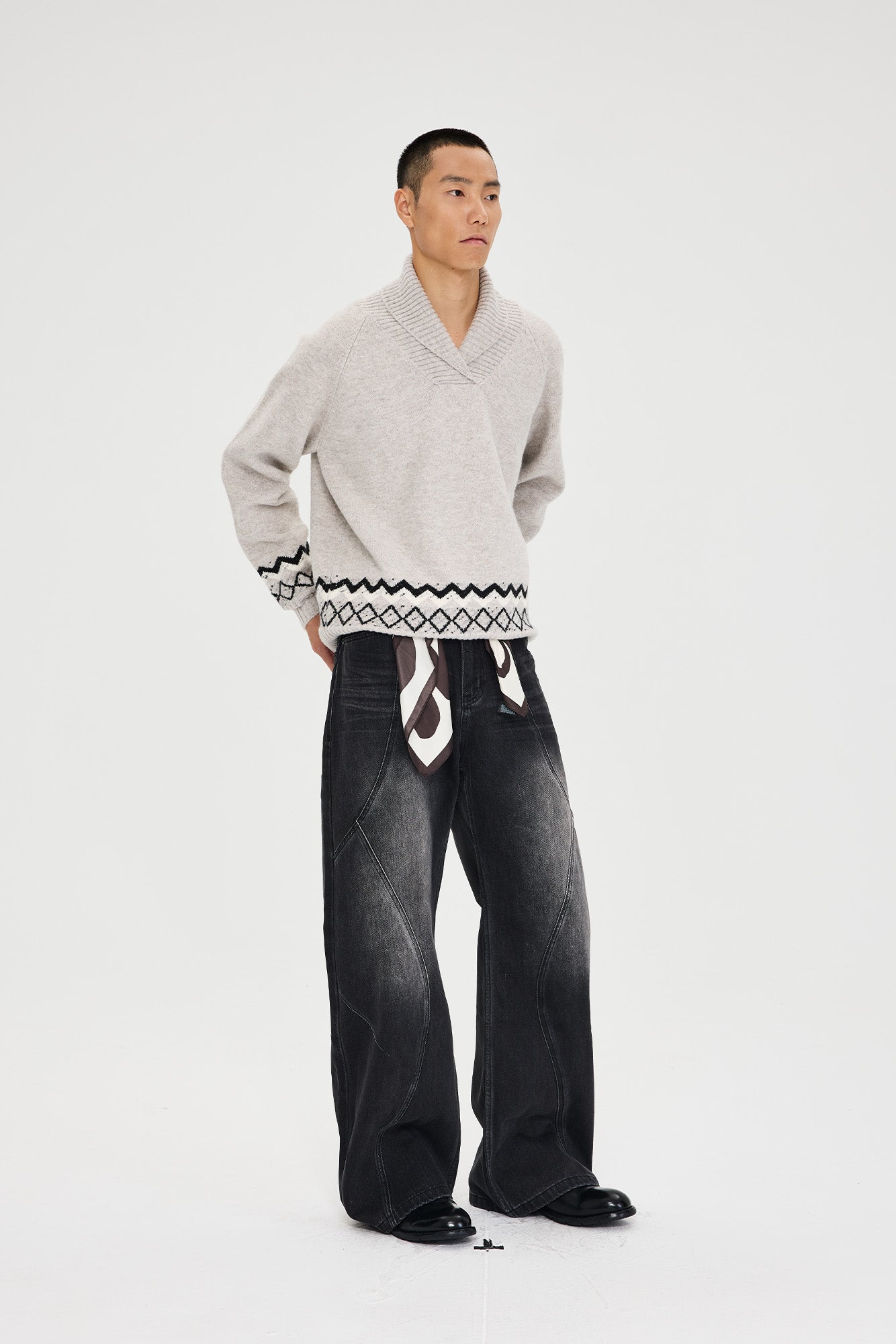CATSSTAC Whisker-Washed Panel Wide-Leg Jeans, premium urban and streetwear designers apparel on PROJECTISR.com, CATSSTAC