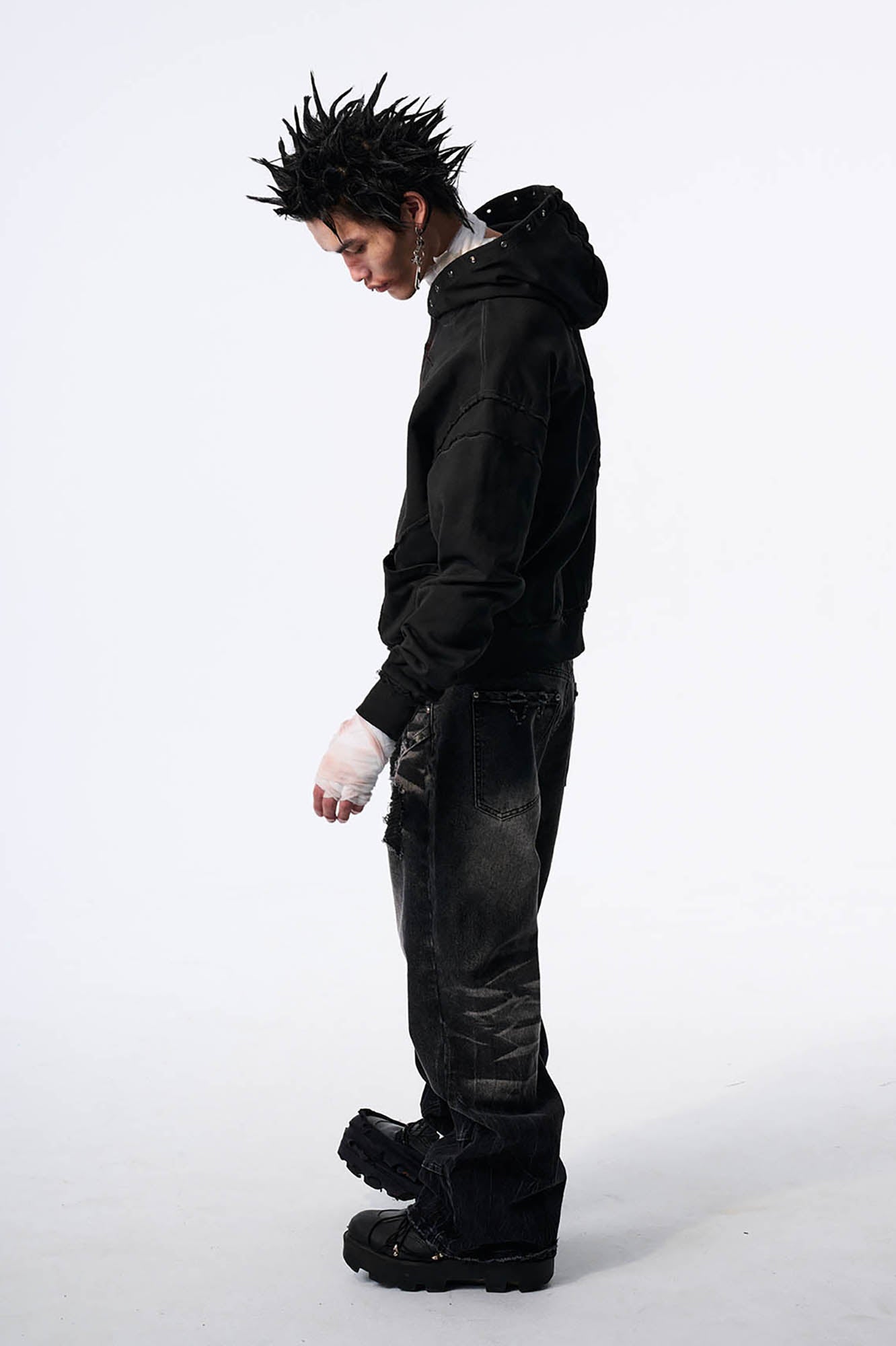 SAVAGEGROWTHWORLD Distressed Spliced Reversible Cross-Stitch Hoodie, premium urban and streetwear designers apparel on PROJECTISR.com, SAVAGEGROWTHWORLD