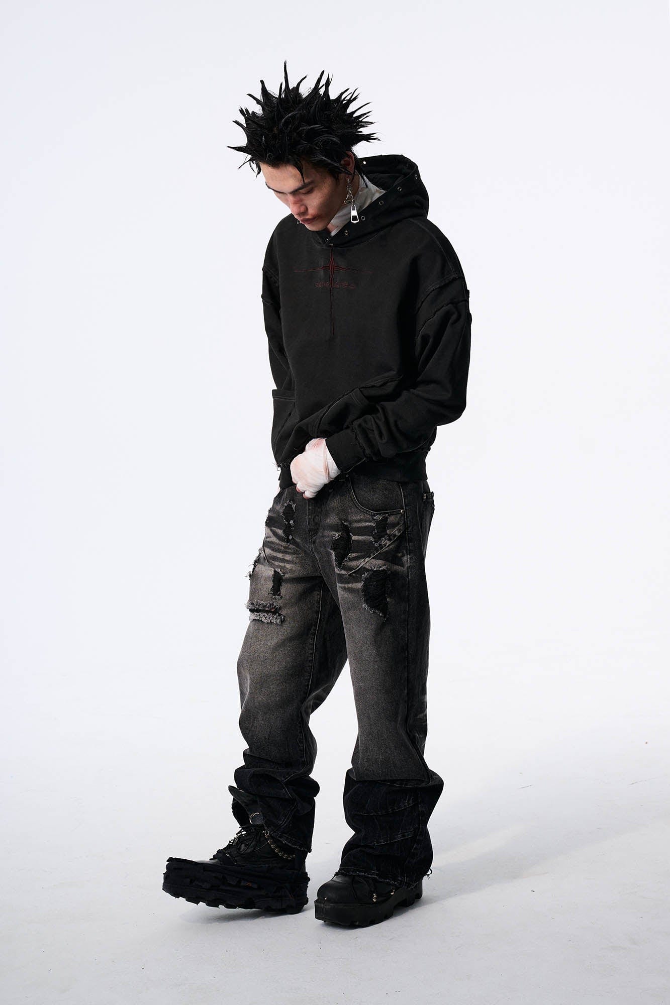 SAVAGEGROWTHWORLD Distressed Spliced Reversible Cross-Stitch Hoodie, premium urban and streetwear designers apparel on PROJECTISR.com, SAVAGEGROWTHWORLD