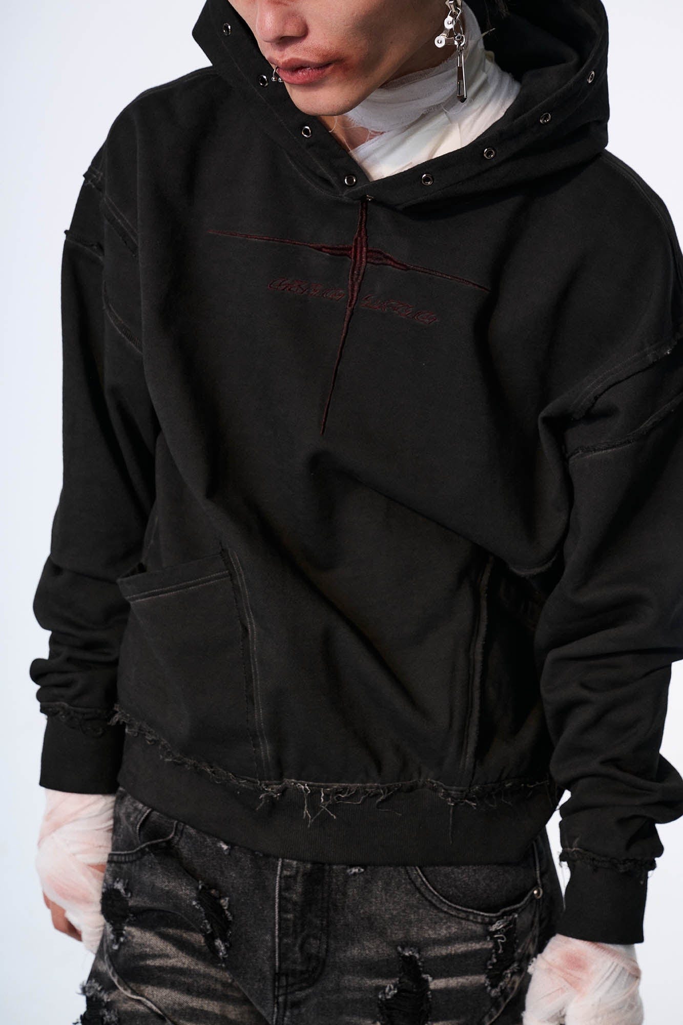 SAVAGEGROWTHWORLD Distressed Spliced Reversible Cross-Stitch Hoodie, premium urban and streetwear designers apparel on PROJECTISR.com, SAVAGEGROWTHWORLD