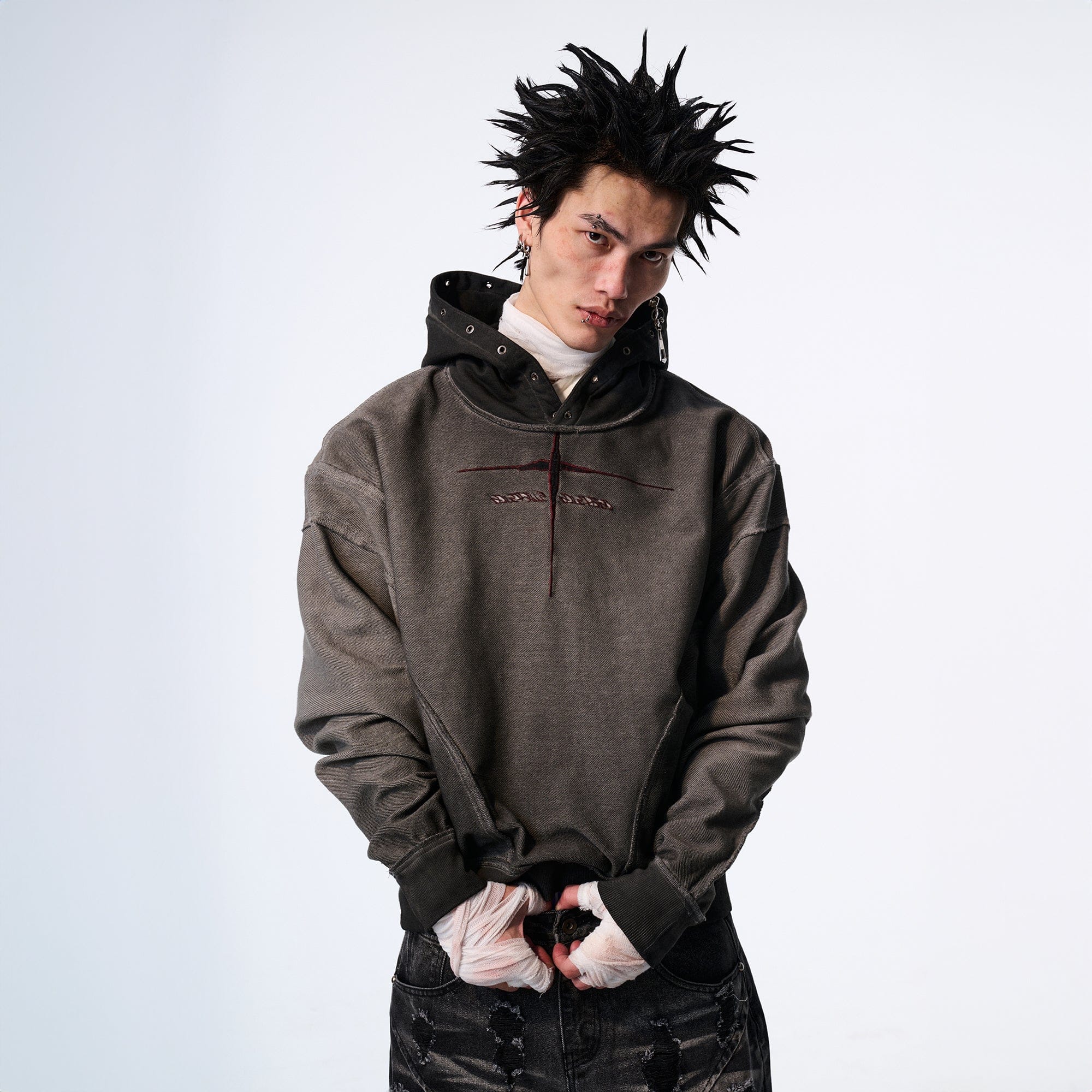 SAVAGEGROWTHWORLD Distressed Spliced Reversible Cross-Stitch Hoodie, premium urban and streetwear designers apparel on PROJECTISR.com, SAVAGEGROWTHWORLD
