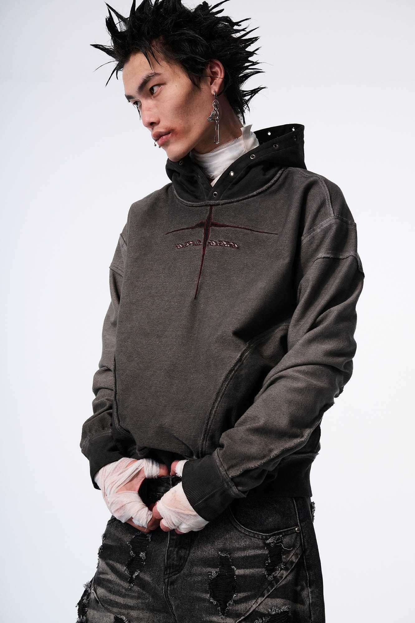 SAVAGEGROWTHWORLD Distressed Spliced Reversible Cross-Stitch Hoodie, premium urban and streetwear designers apparel on PROJECTISR.com, SAVAGEGROWTHWORLD