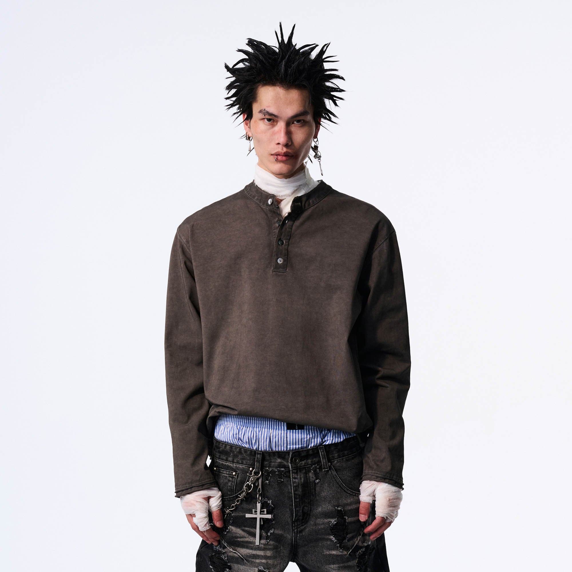 SAVAGEGROWTHWORLD Distressed Cross-Stitched Henley Shirt, premium urban and streetwear designers apparel on PROJECTISR.com, SAVAGEGROWTHWORLD