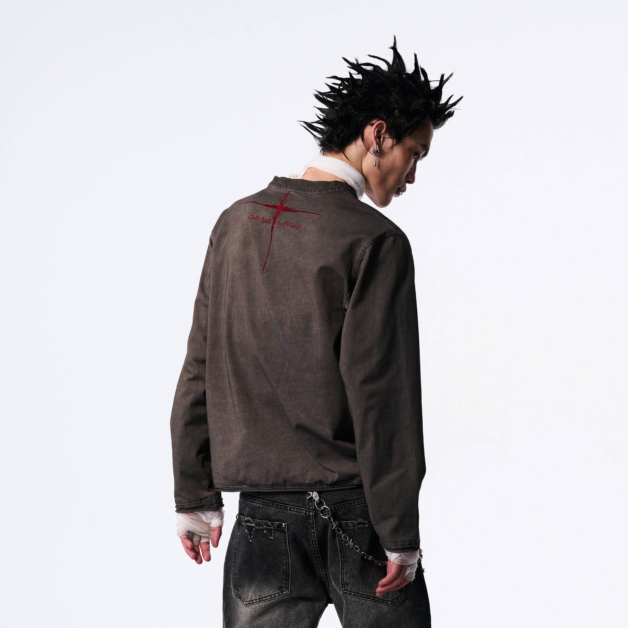 SAVAGEGROWTHWORLD Distressed Cross-Stitched Henley Shirt, premium urban and streetwear designers apparel on PROJECTISR.com, SAVAGEGROWTHWORLD