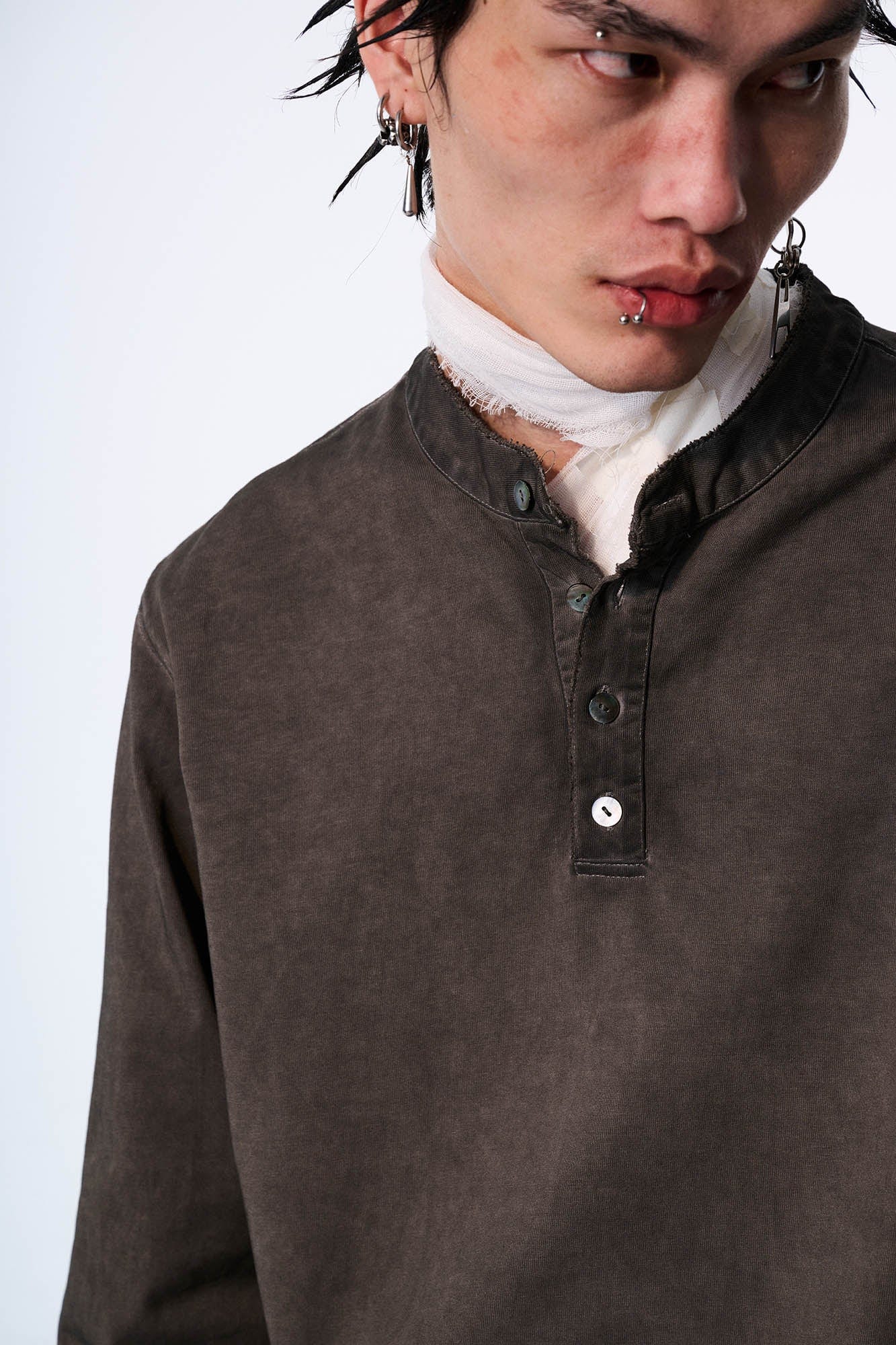 SAVAGEGROWTHWORLD Distressed Cross-Stitched Henley Shirt, premium urban and streetwear designers apparel on PROJECTISR.com, SAVAGEGROWTHWORLD