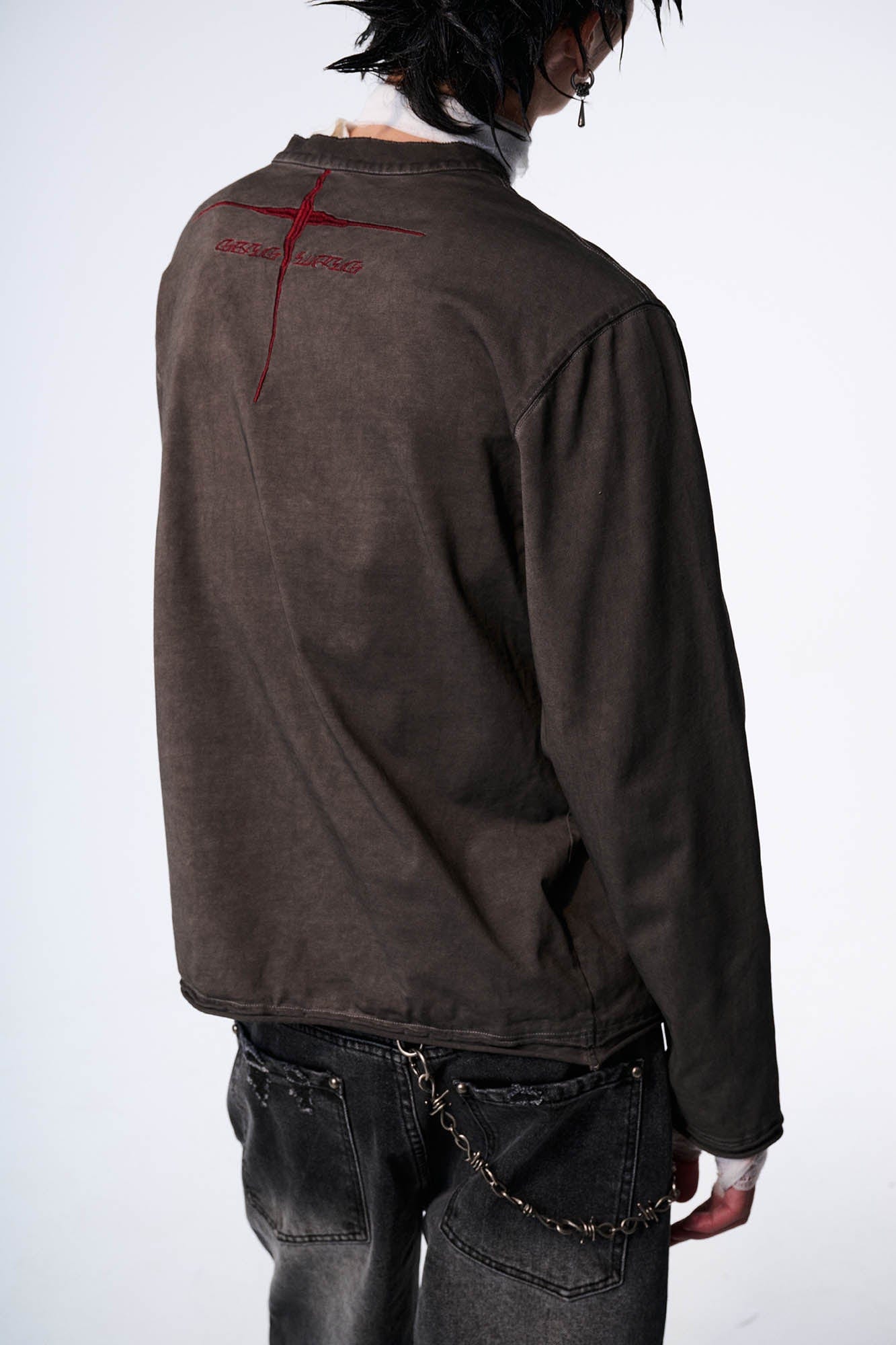 SAVAGEGROWTHWORLD Distressed Cross-Stitched Henley Shirt, premium urban and streetwear designers apparel on PROJECTISR.com, SAVAGEGROWTHWORLD