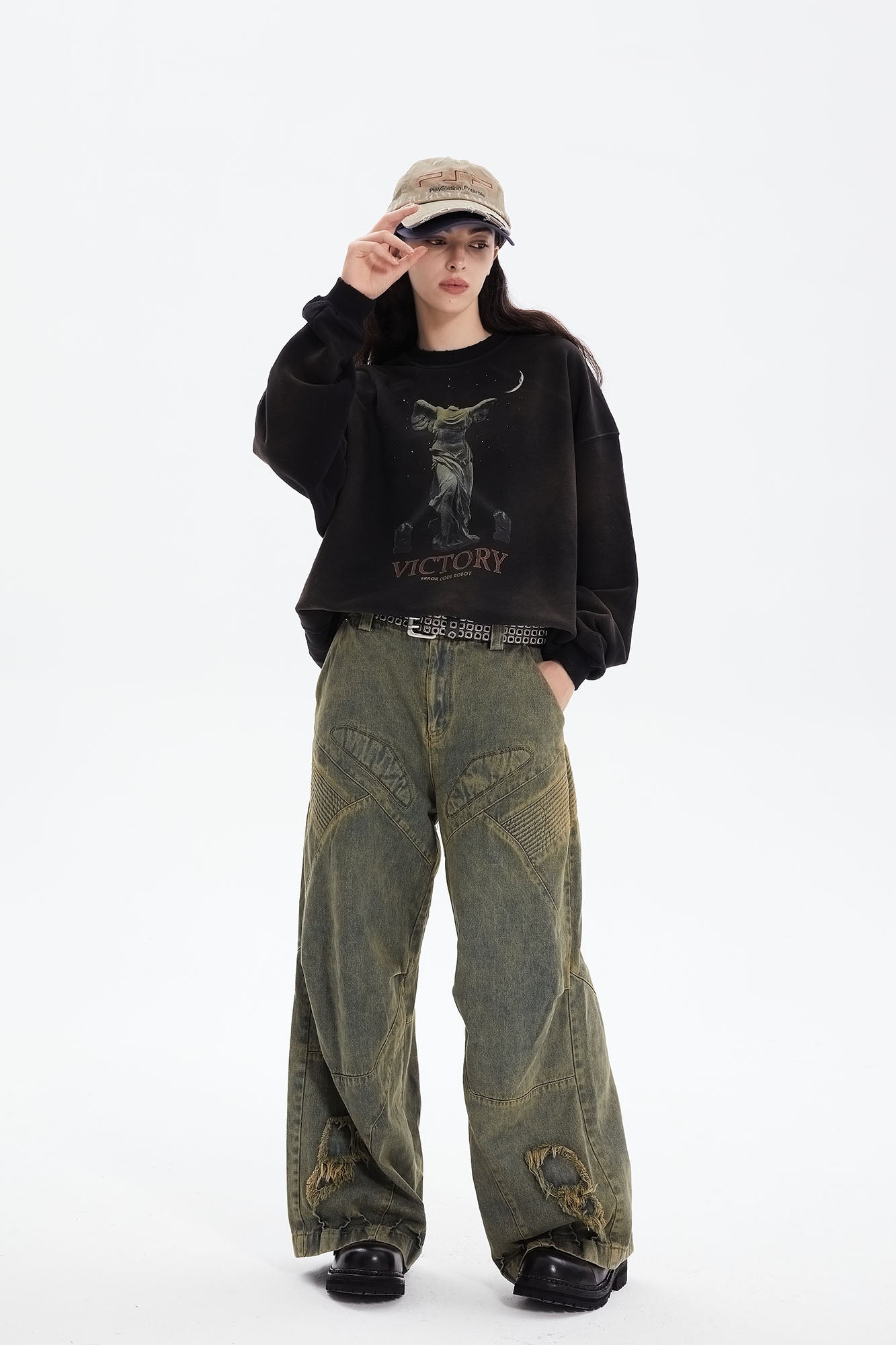 ERROR CODE ROBOT Heavy Wash Paneled Straight-Leg Jeans, premium urban and streetwear designers apparel on PROJECTISR.com, ERROR CODE ROBOT