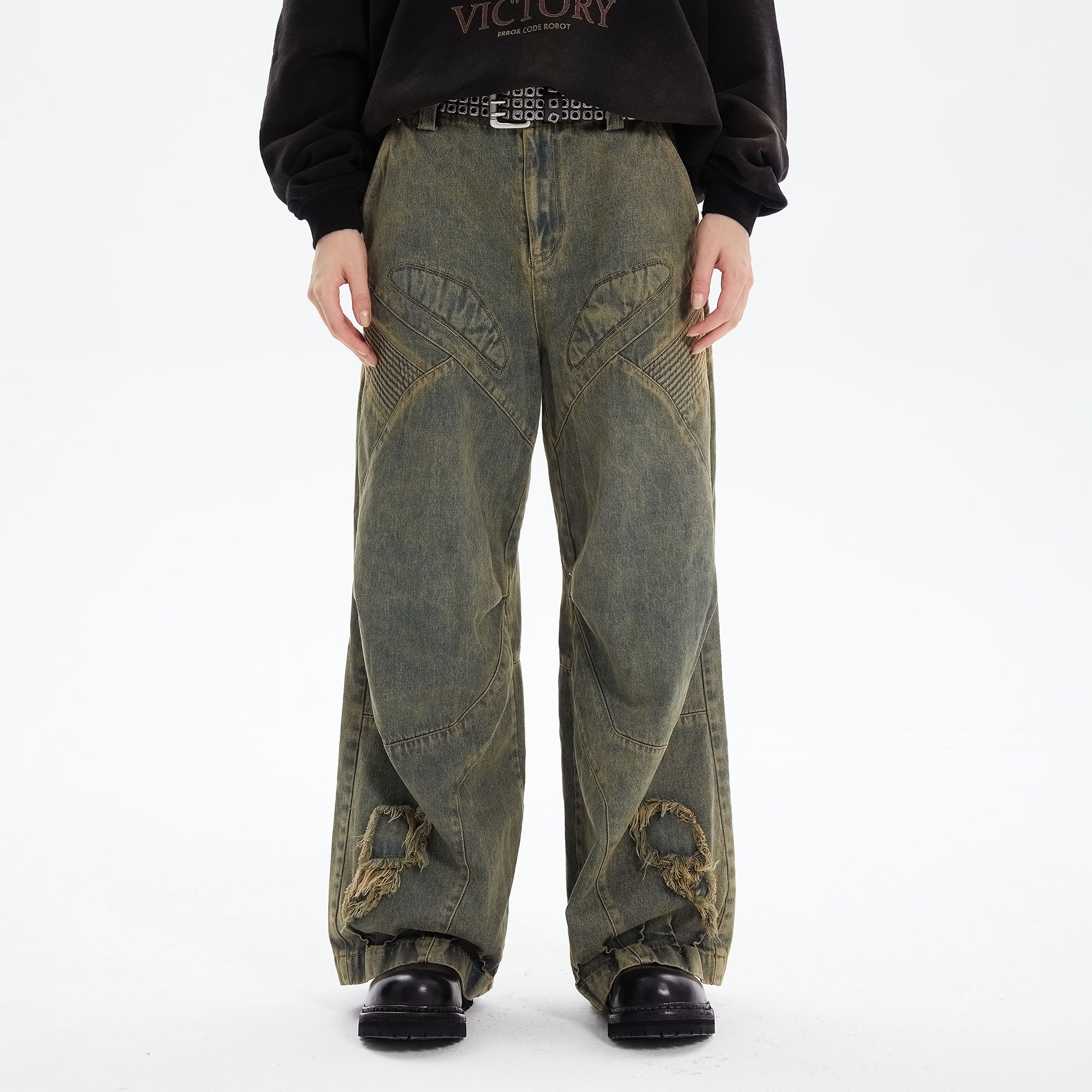 ERROR CODE ROBOT Heavy Wash Paneled Straight-Leg Jeans, premium urban and streetwear designers apparel on PROJECTISR.com, ERROR CODE ROBOT