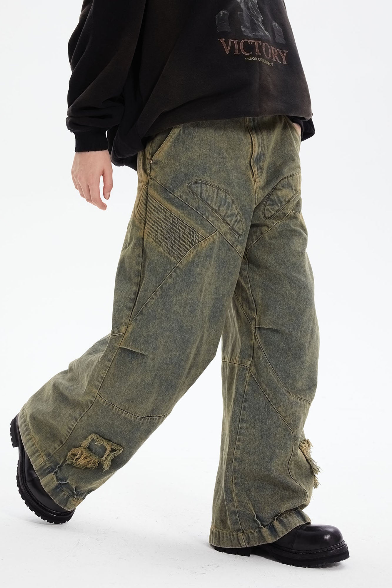 ERROR CODE ROBOT Heavy Wash Paneled Straight-Leg Jeans, premium urban and streetwear designers apparel on PROJECTISR.com, ERROR CODE ROBOT