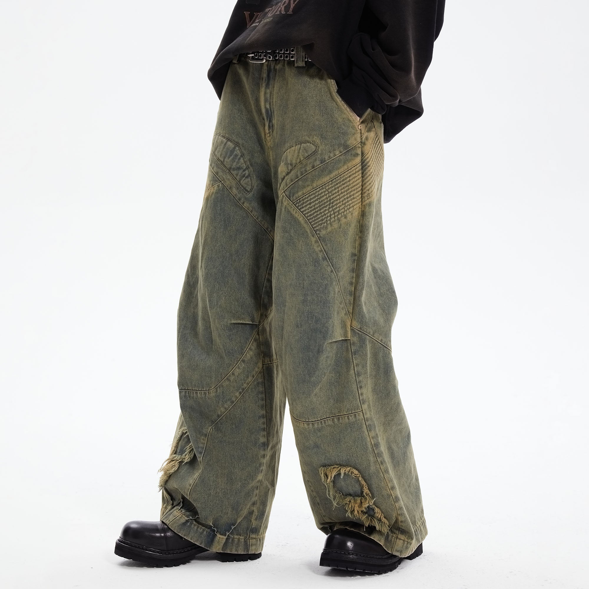 ERROR CODE ROBOT Heavy Wash Paneled Straight-Leg Jeans, premium urban and streetwear designers apparel on PROJECTISR.com, ERROR CODE ROBOT