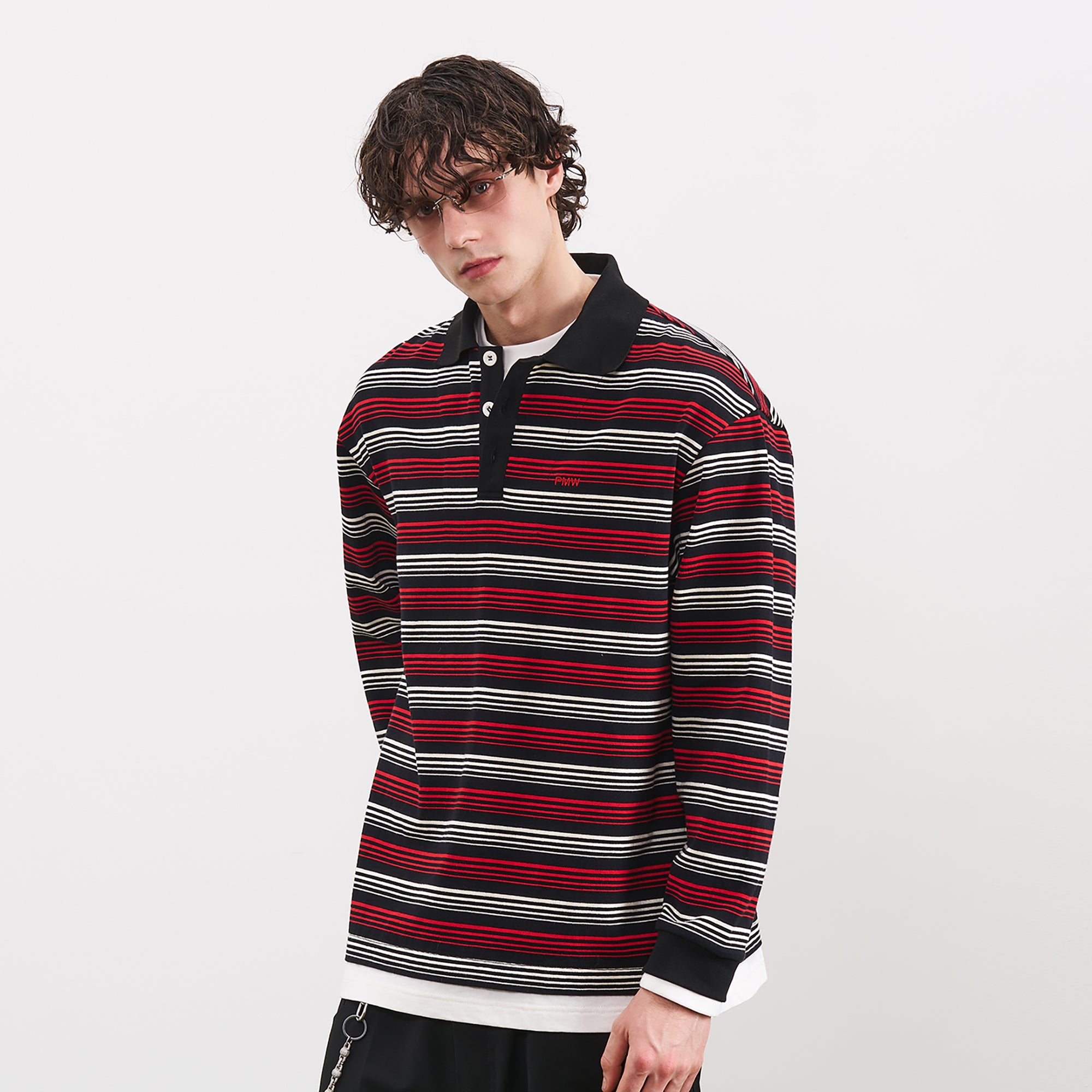 PMW Faux-Layer Stripe Long-Sleeve Polo, premium urban and streetwear designers apparel on PROJECTISR.com, PMW