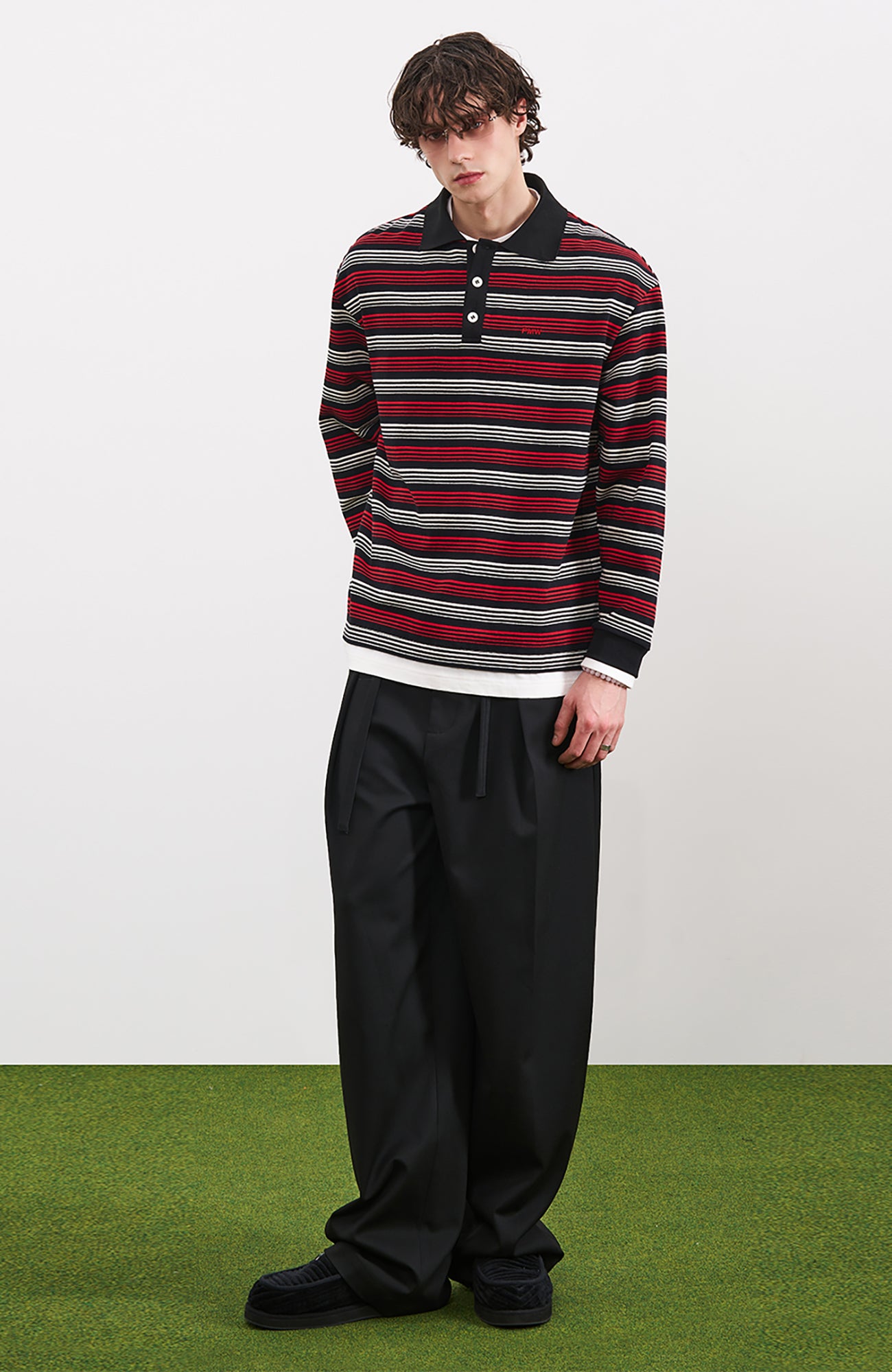 PMW Faux-Layer Stripe Long-Sleeve Polo, premium urban and streetwear designers apparel on PROJECTISR.com, PMW