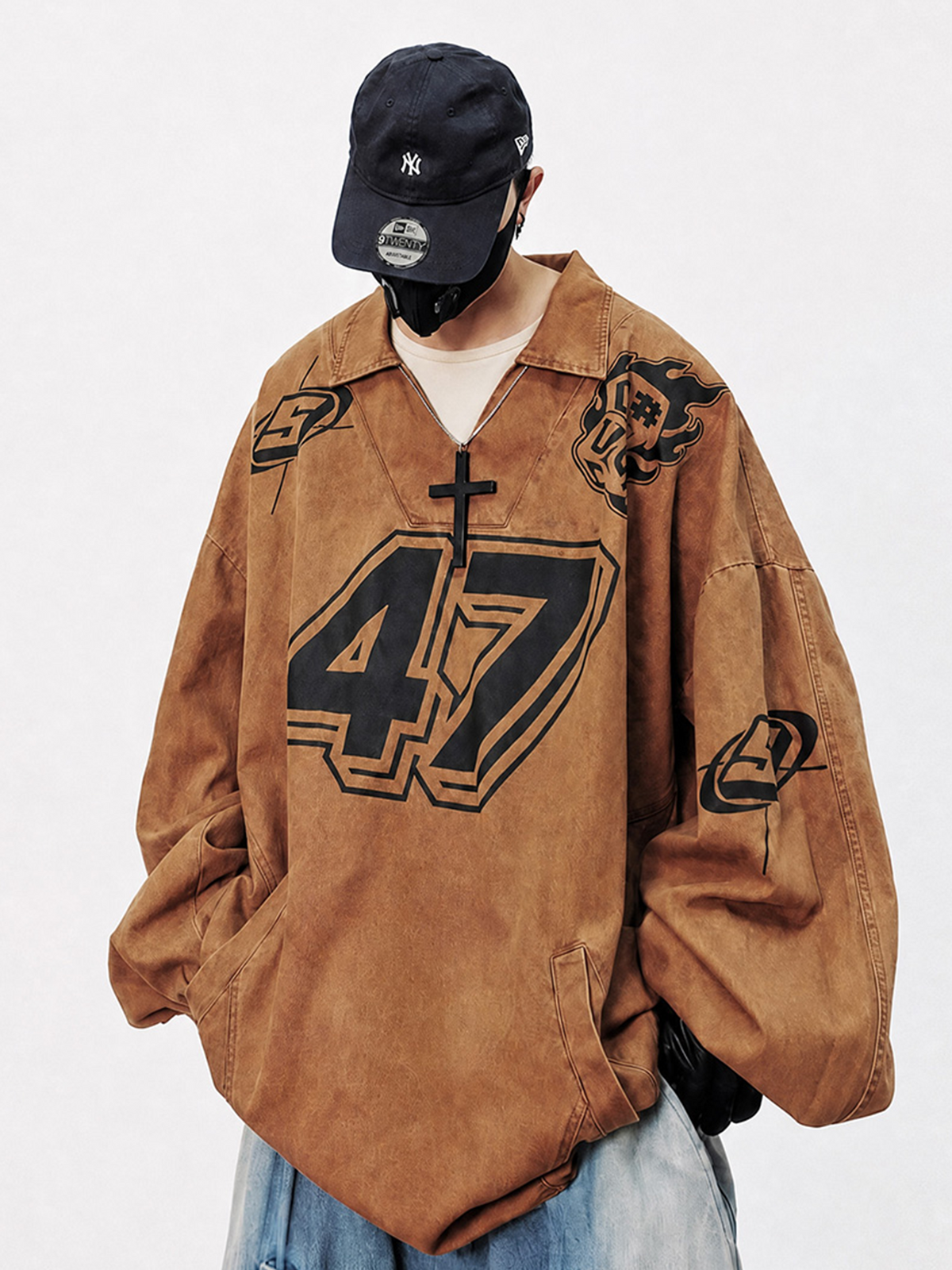 UUCSCC Washed Distressed Oversized V-Neck Sweatshirt
