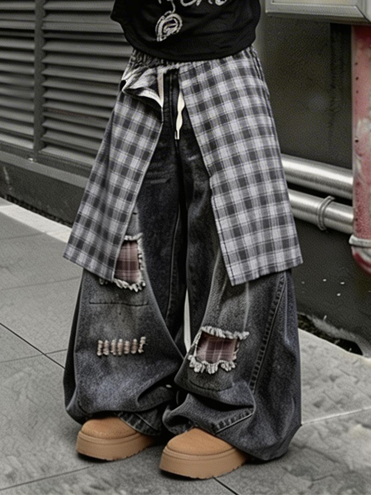 UUCSCC Distressed Layered Plaid Patch Wide-Leg Jeans
