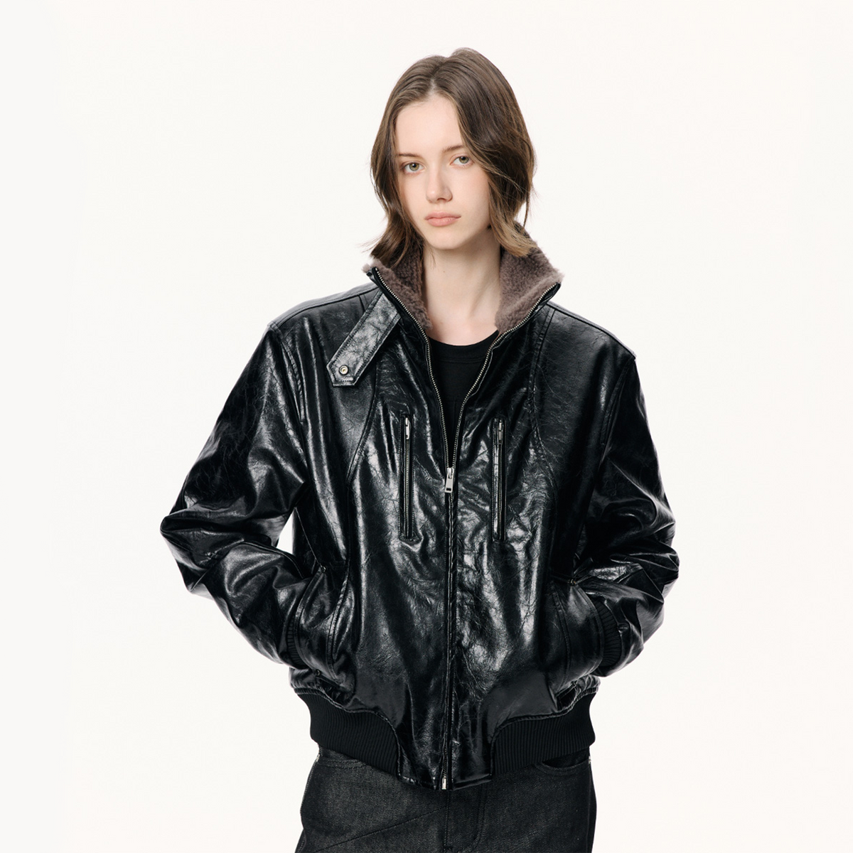 KREATE Faux Leather Fur-Collar Stand-Collar Padded Jacket