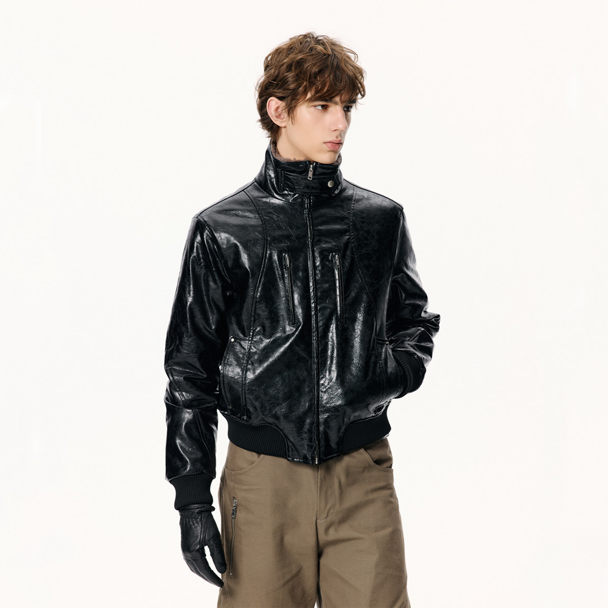 KREATE Faux Leather Fur-Collar Stand-Collar Padded Jacket