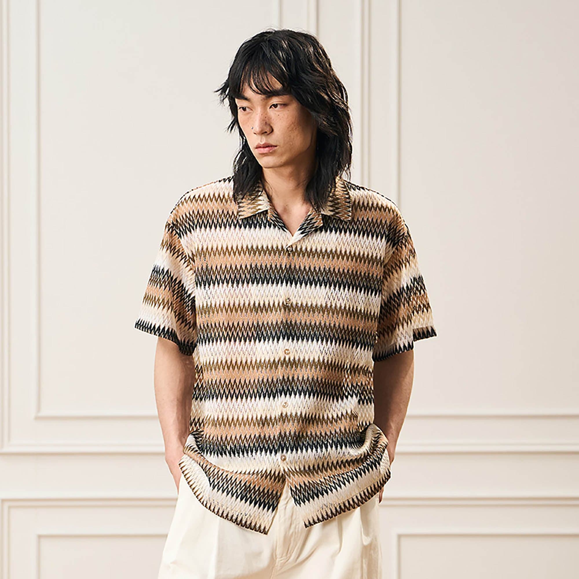 EPIC POETRY Geometric Ripple Knitted Half Shirt Brown, premium urban and streetwear designers apparel on PROJECTISR.com, EPIC POETRY