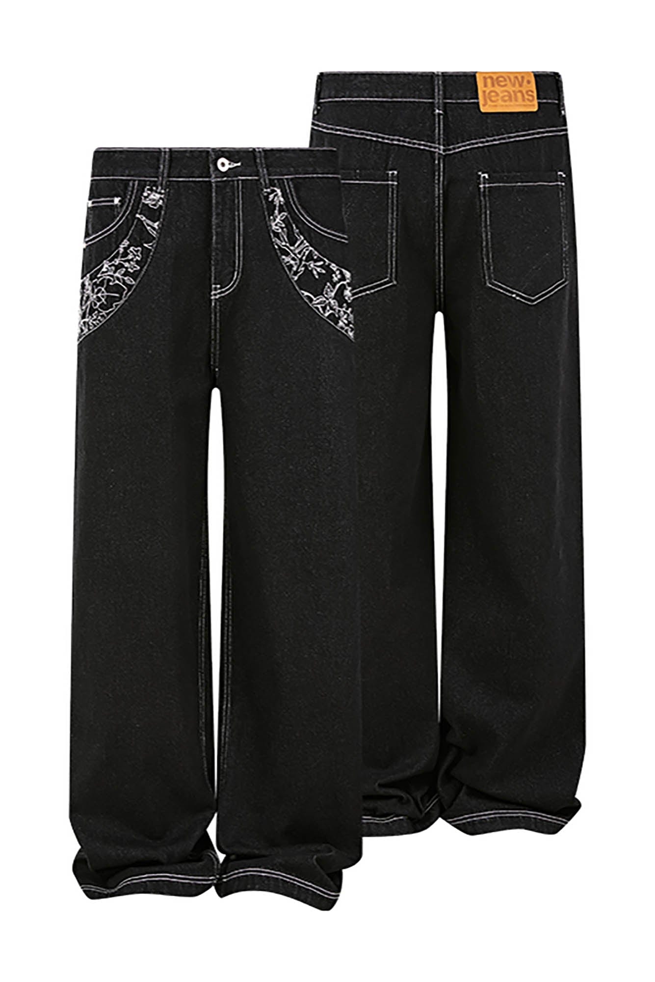 KREATE Floral Embroidered Spliced Wide-Leg Jeans, premium urban and streetwear designers apparel on PROJECTISR.com, KREATE