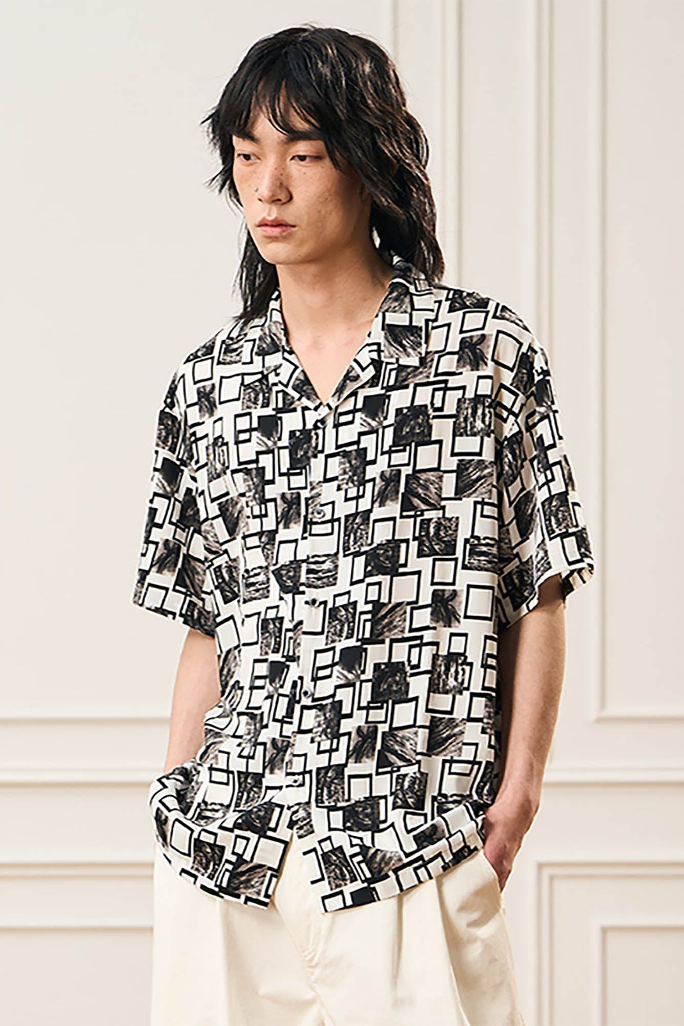 EPIC POETRY Monochrome Collage Grid Cuban Half Shirt, premium urban and streetwear designers apparel on PROJECTISR.com, EPIC POETRY
