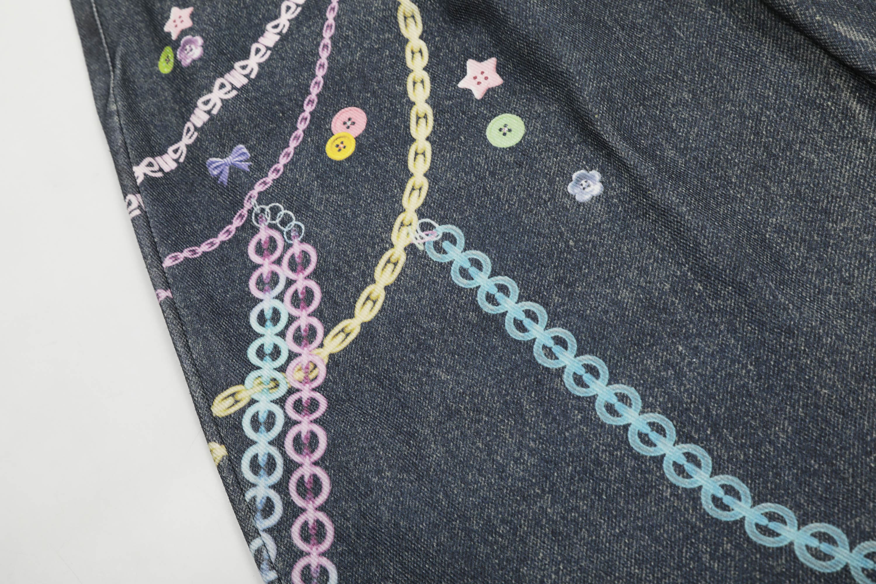 CLP Beaded Chain Graphics Wide-Leg Denim Shorts, premium urban and streetwear designers apparel on PROJECTISR.com, CLP