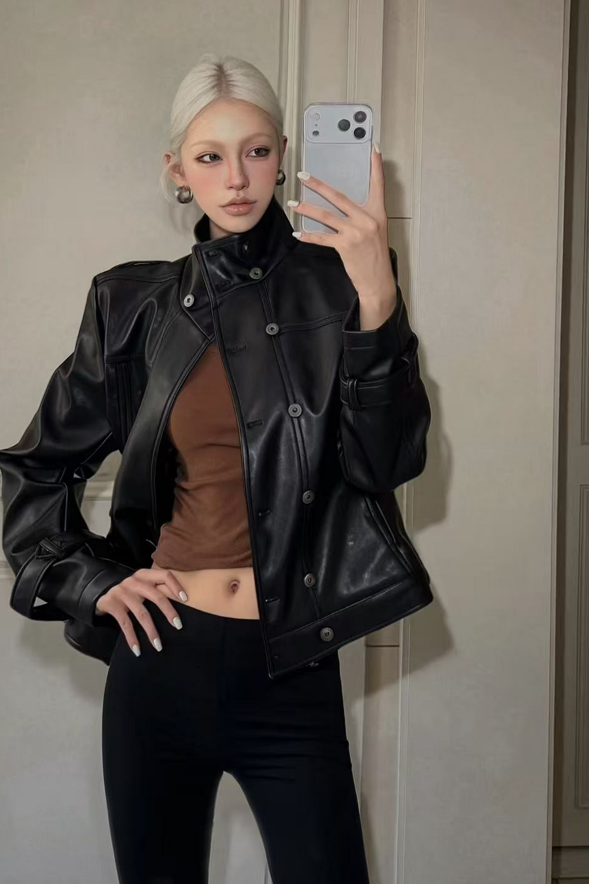REMODUTION Double-Breasted Cinched Waist Faux Leather Jacket