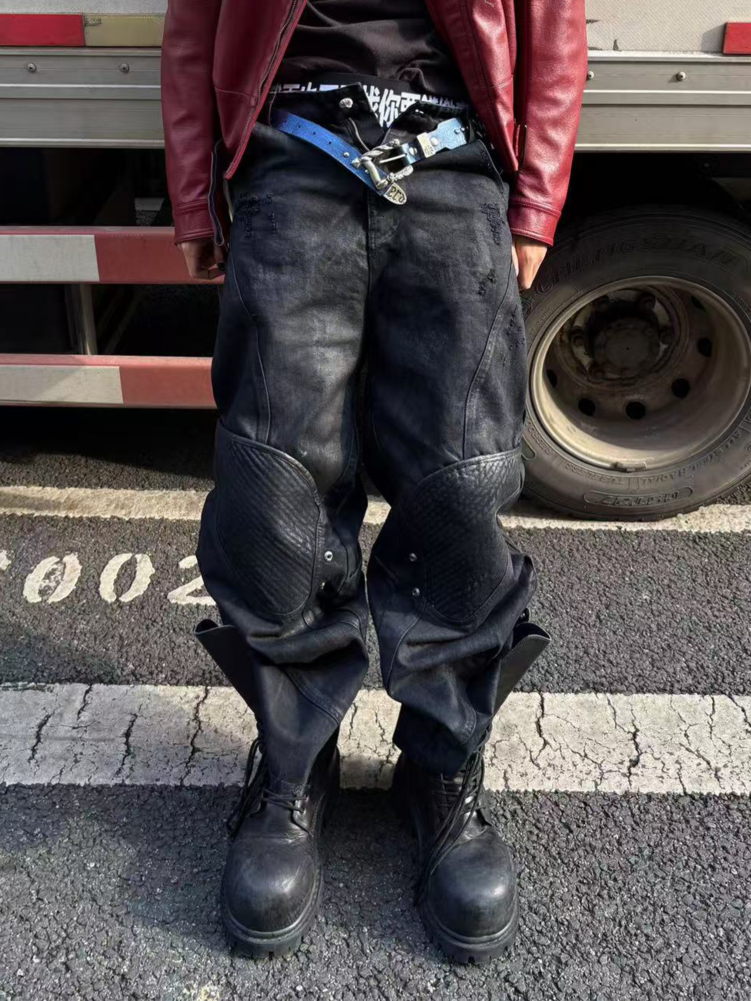 TH4SWE x GOJOYJINNI Washed Waxed Armor Moto Jeans