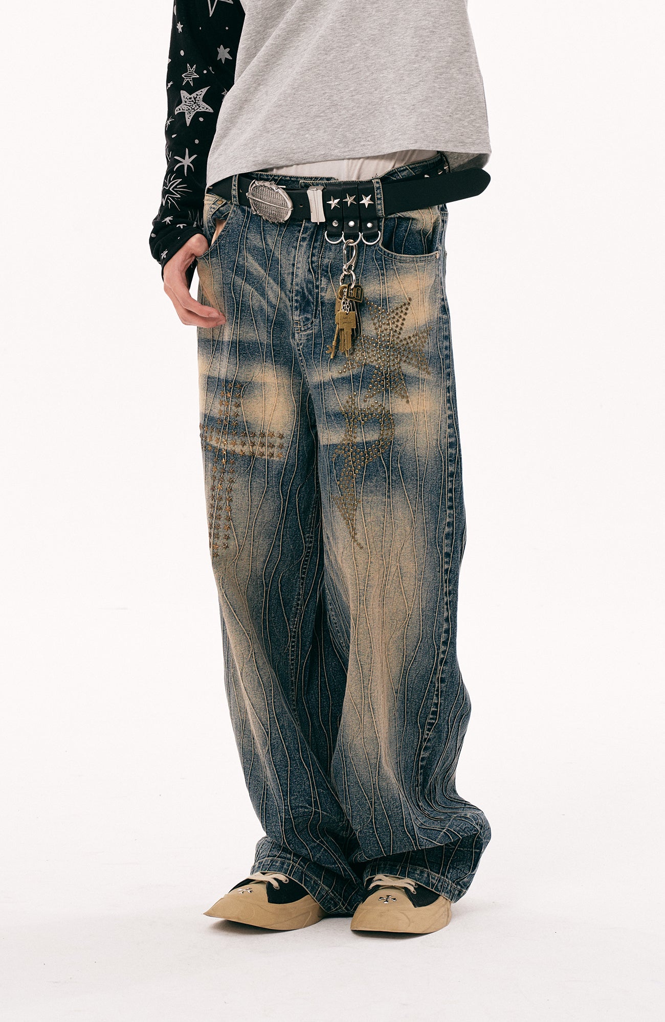 PASET Cross And Star Studded Wide-Leg Jeans