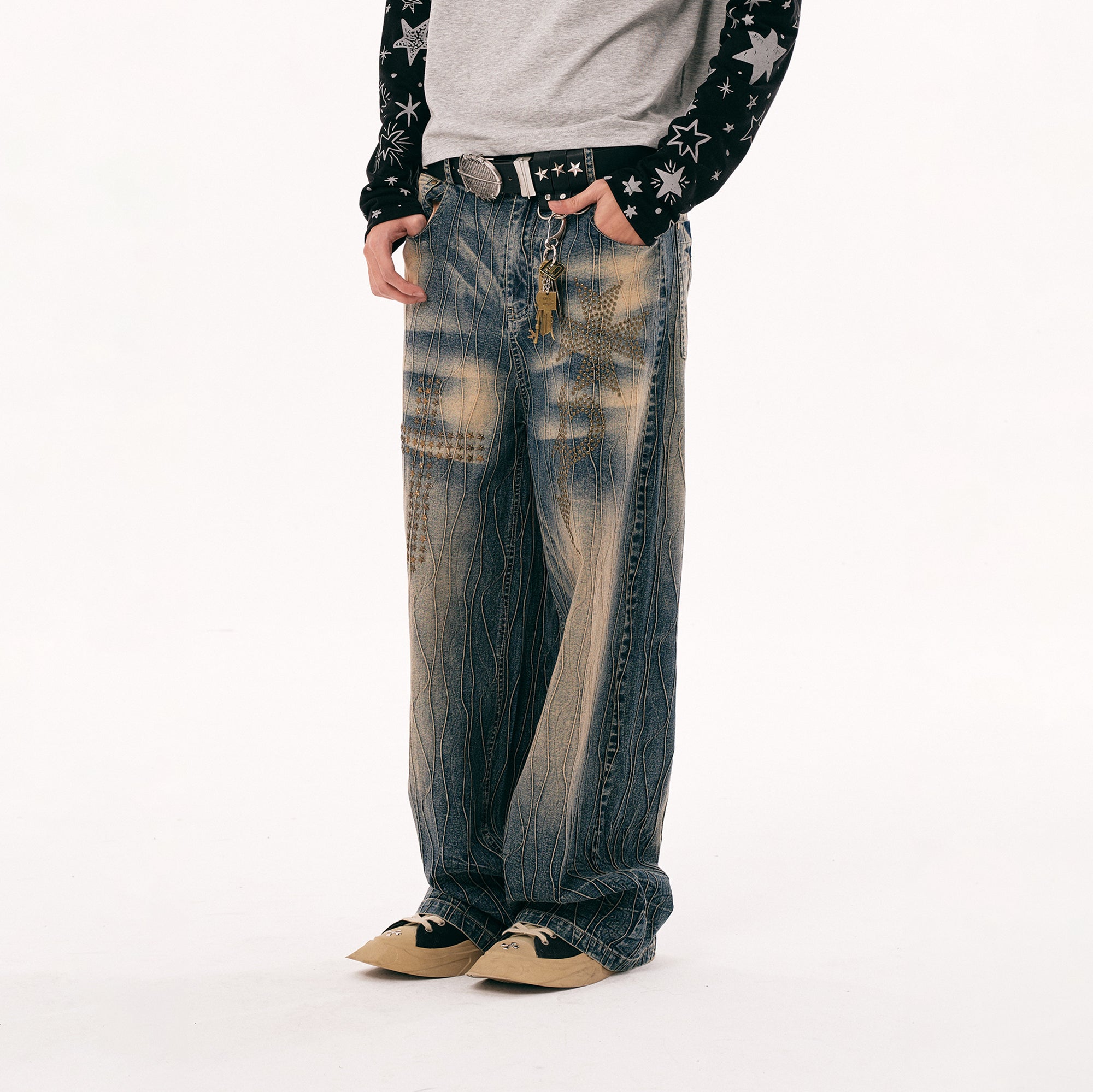 PASET Cross And Star Studded Wide-Leg Jeans