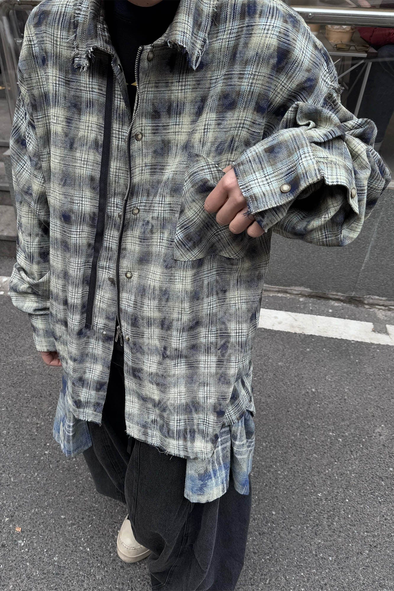 RELABEL Tie-dye Plaid Dual Closure Frayed Shirt, premium urban and streetwear designers apparel on PROJECTISR.com, RELABEL