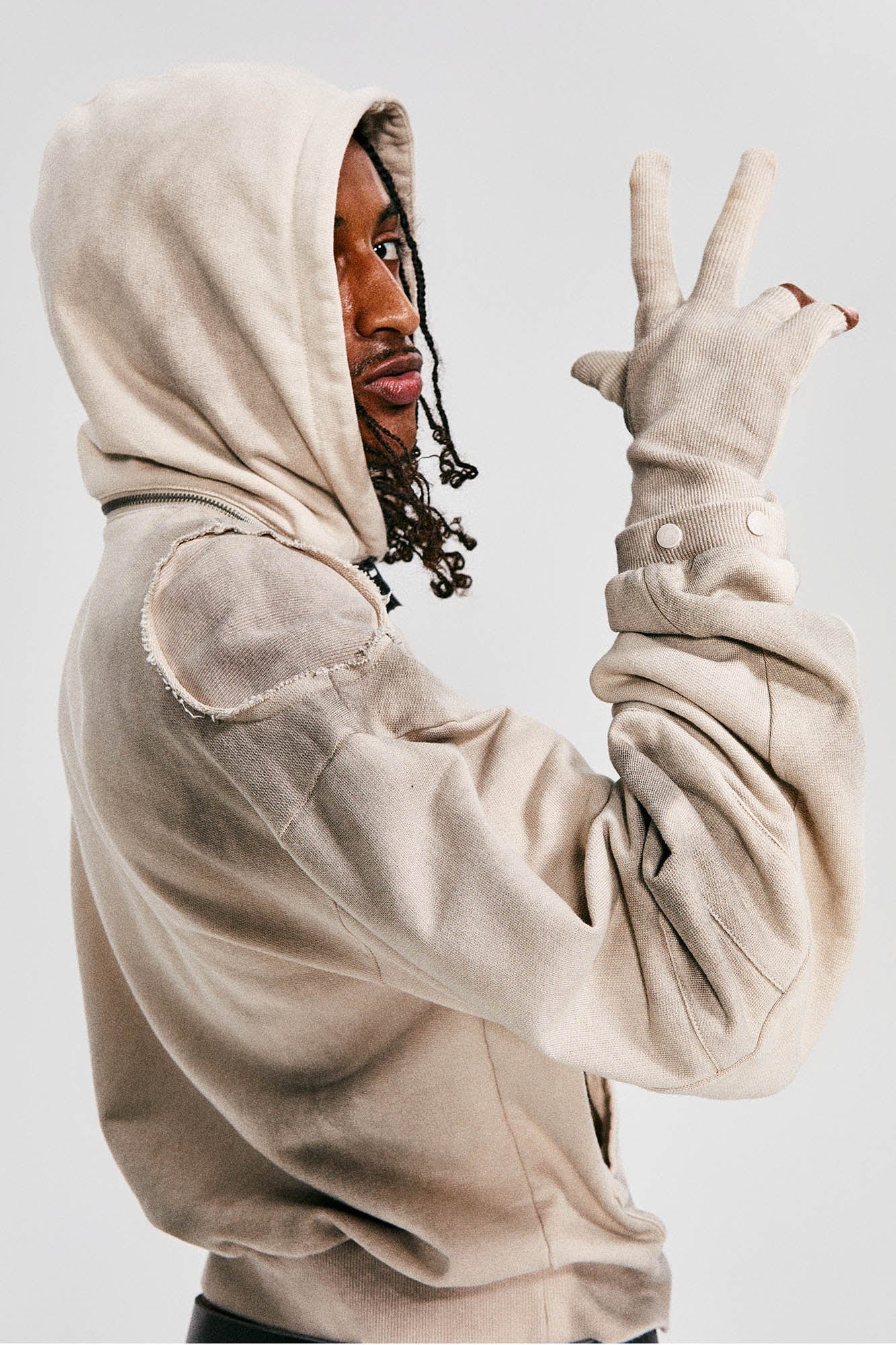 FLYERRER Distressed Detachable-Hood Glove-Sleeve Hoodie, premium urban and streetwear designers apparel on PROJECTISR.com, FLYERRER