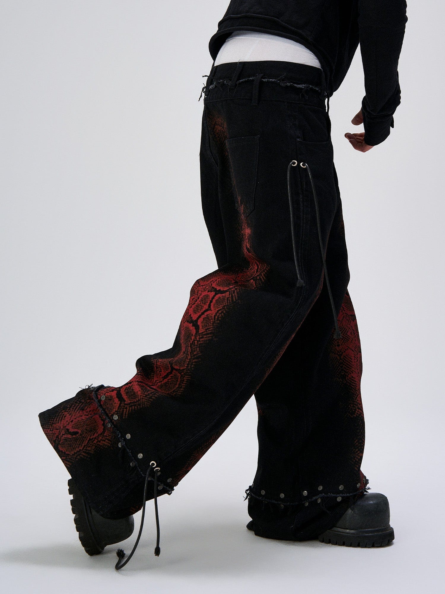 FLYERRER Washed Contrast Snakeskin Drawcord Wide-Leg Jeans, premium urban and streetwear designers apparel on PROJECTISR.com, FLYERRER