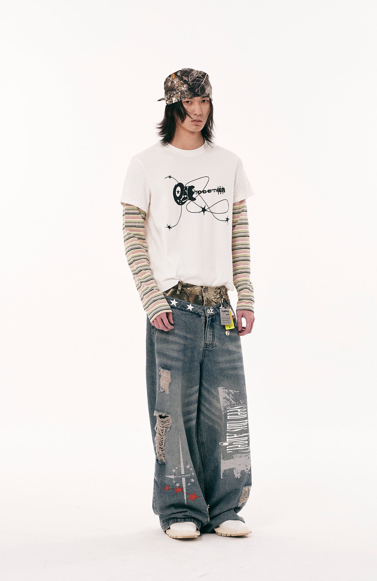 PASET Double Waist Camo Panel Distressed Jeans