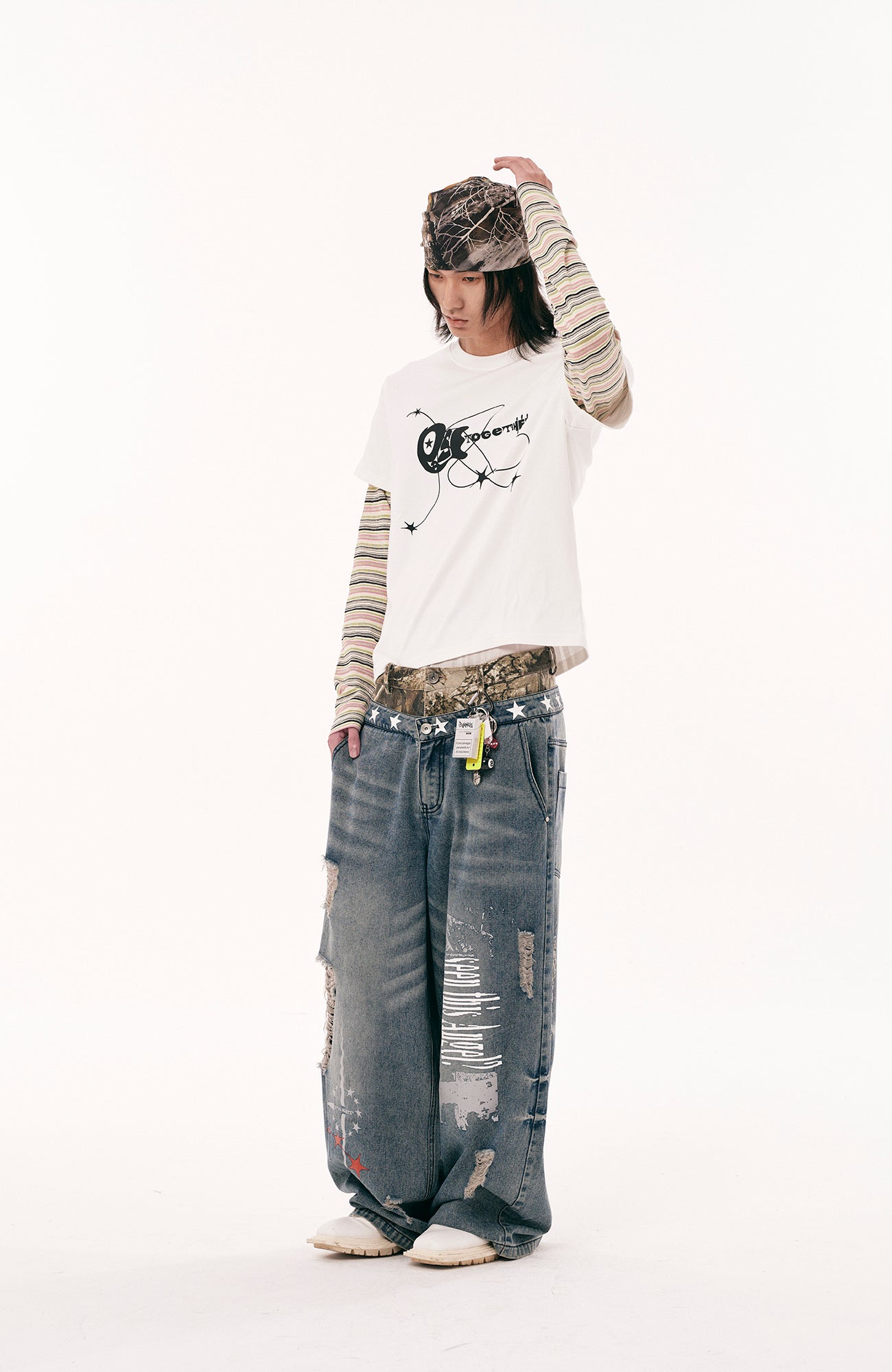 PASET Double Waist Camo Panel Distressed Jeans