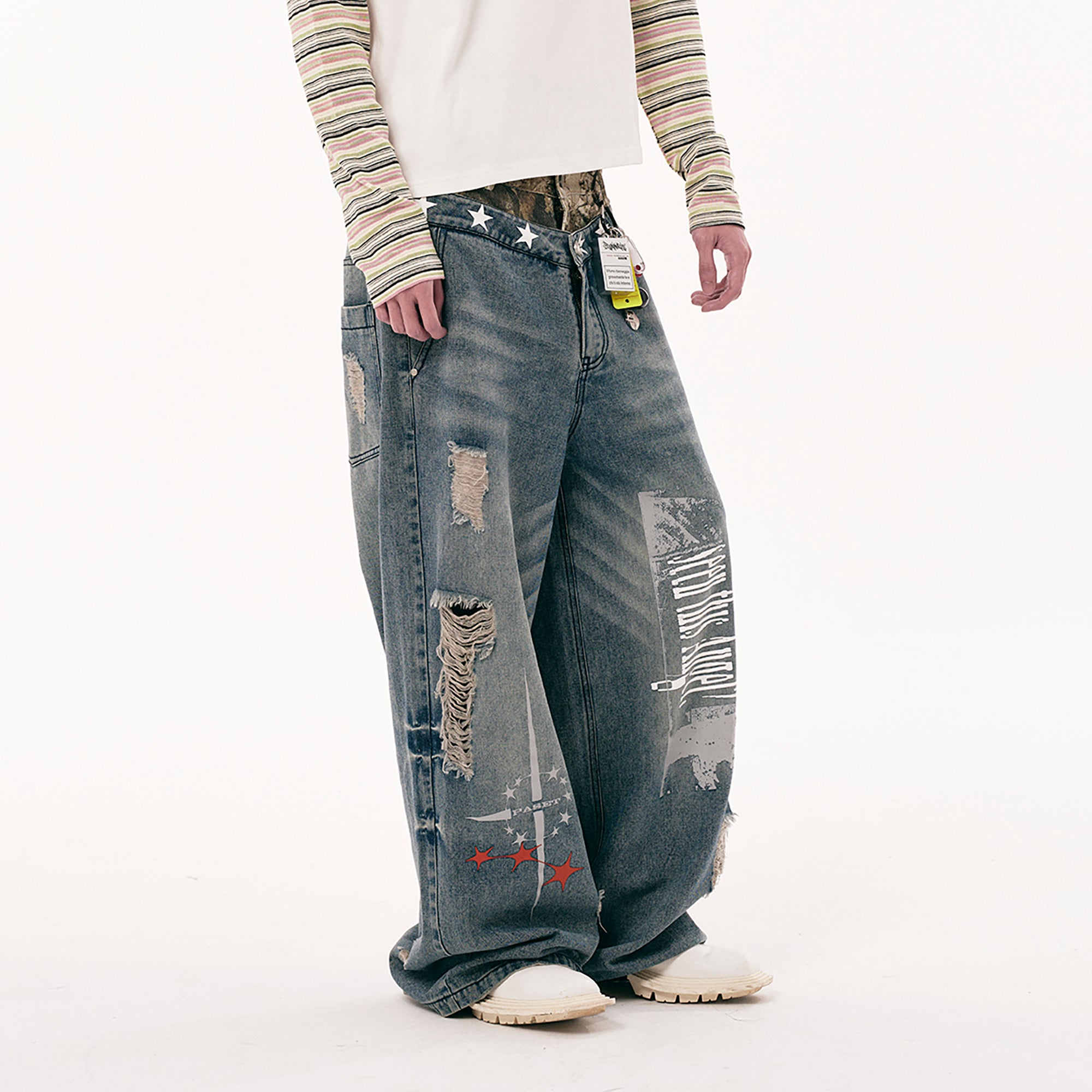PASET Double Waist Camo Panel Distressed Jeans