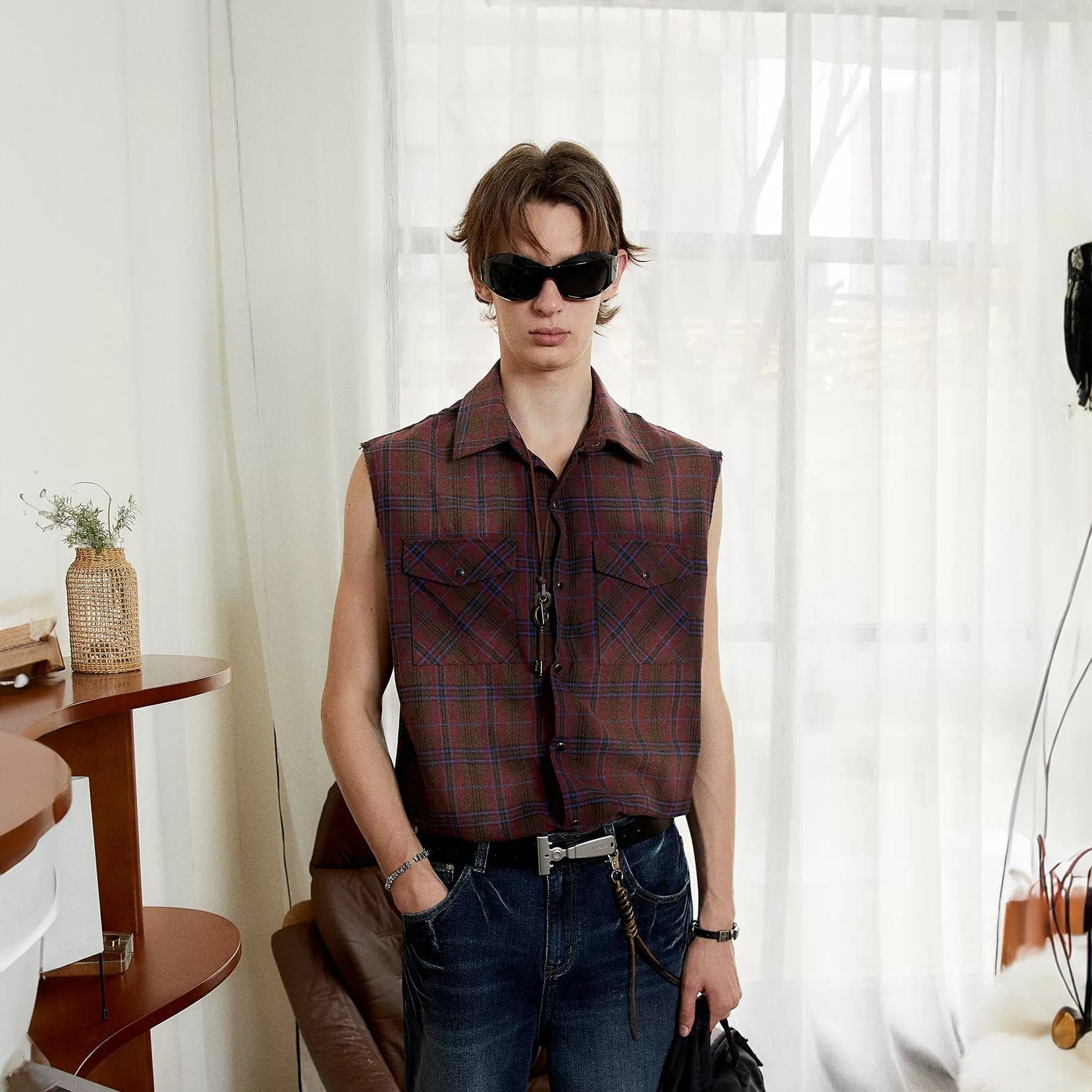 KREATE Distressed Plaid Vest, premium urban and streetwear designers apparel on PROJECTISR.com, KREATE
