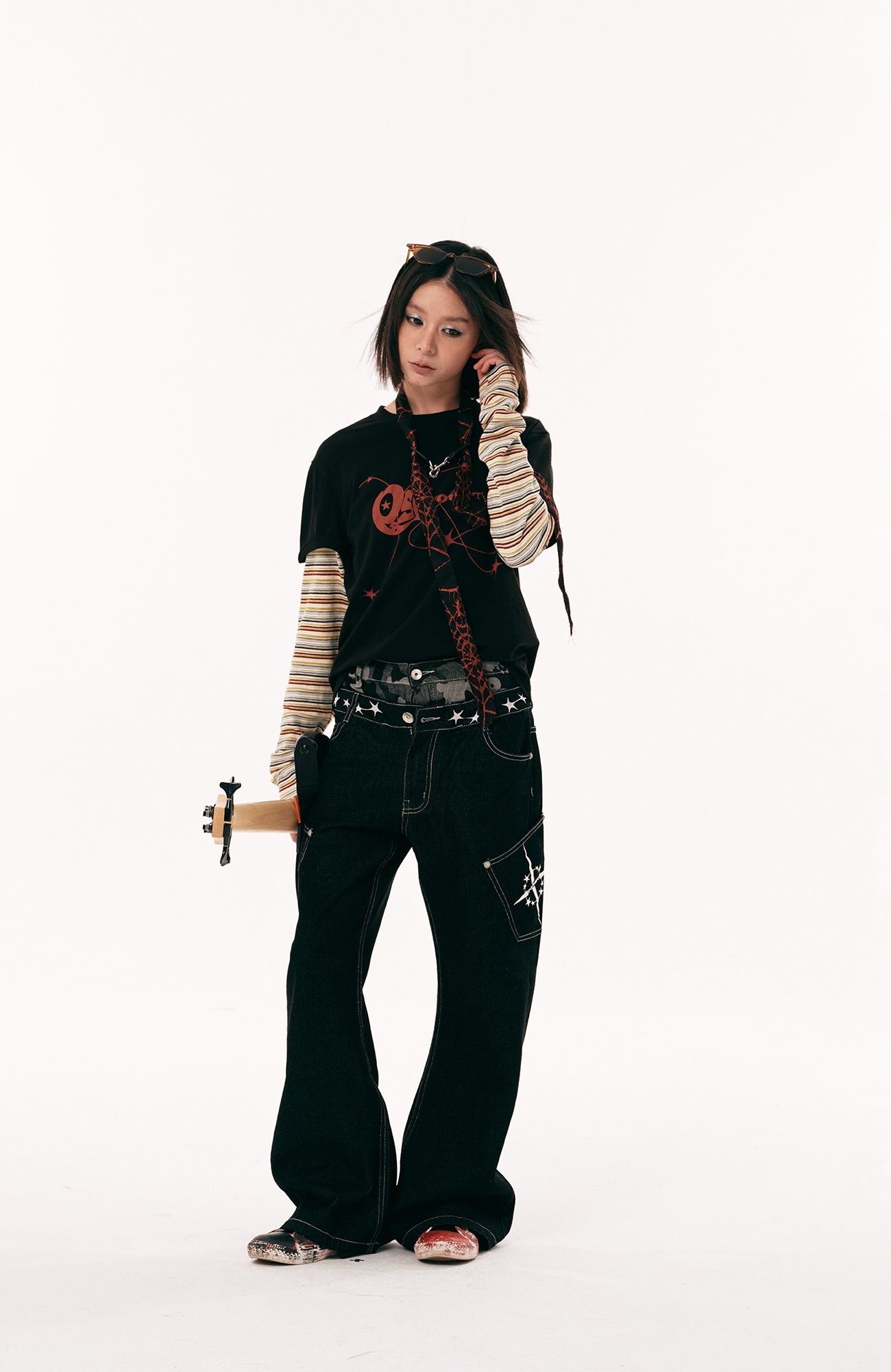 PASET Camo Double Waist Embroidered Jeans
