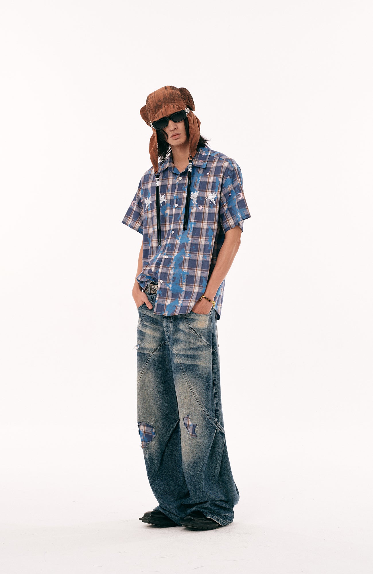 PASET Plaid Patch Distressed Wide-Leg Jeans