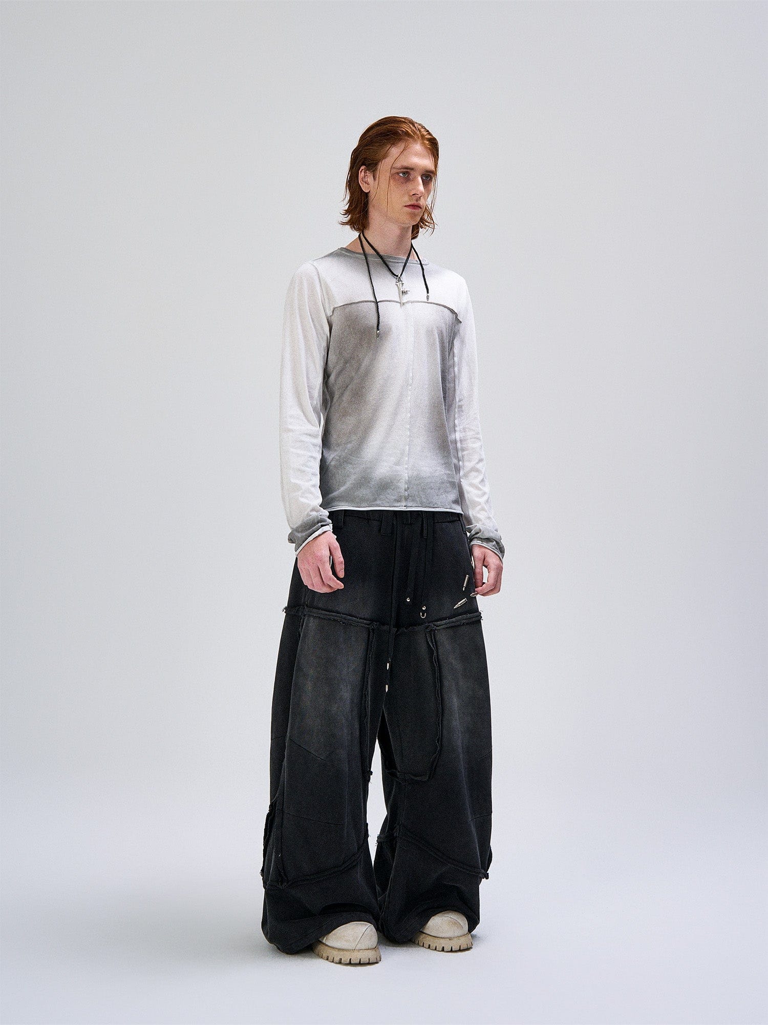 FLYERRER Washed Gradient Cross-Panel Raw-Edge Long-Sleeve Tee, premium urban and streetwear designers apparel on PROJECTISR.com, FLYERRER