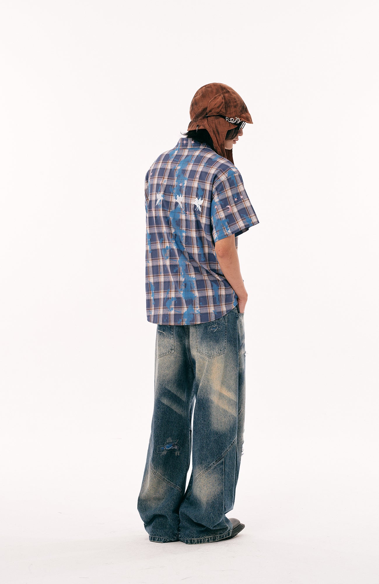 PASET Unicorn Embroidered Plaid Half Shirt