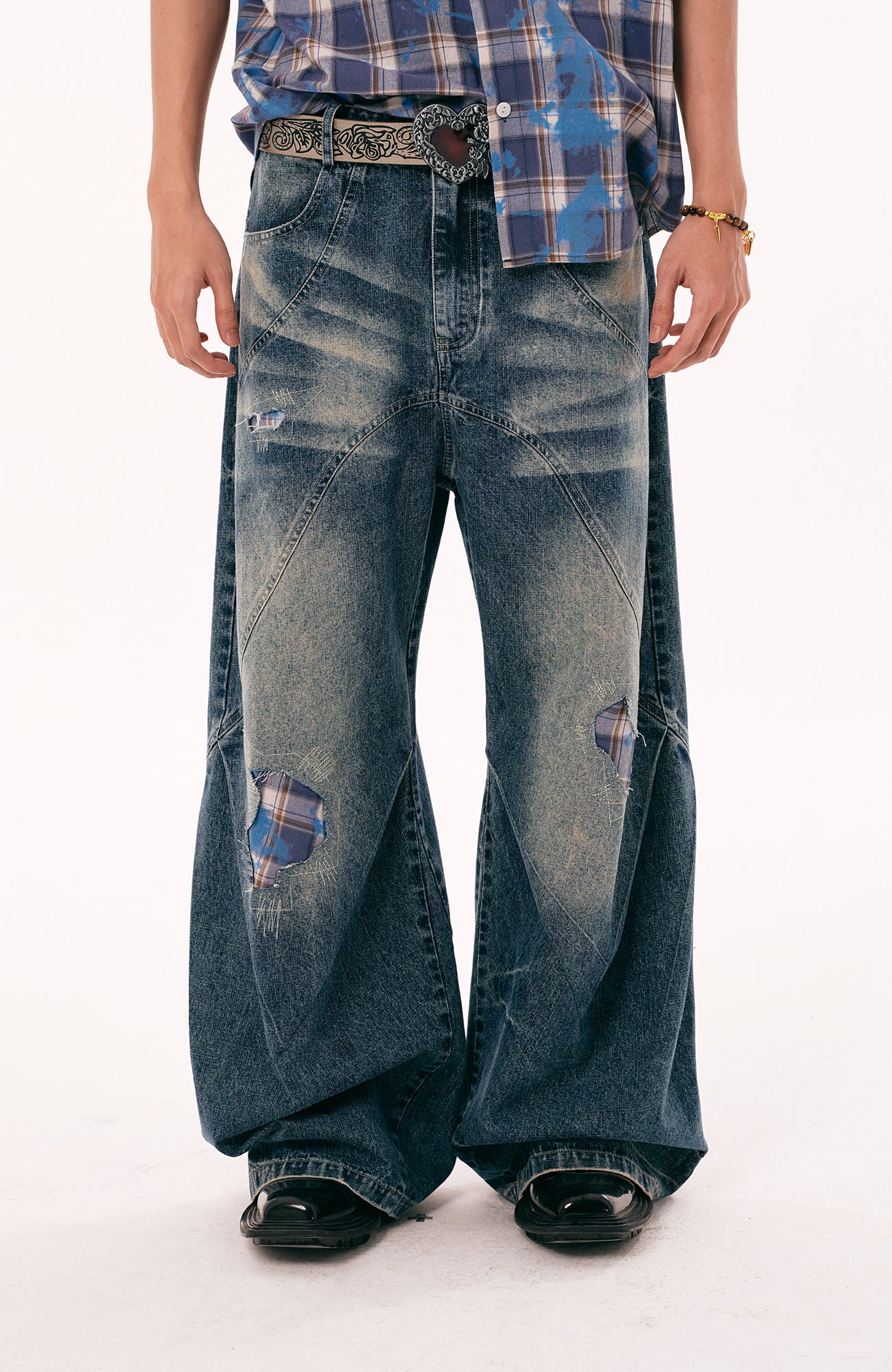PASET Plaid Patch Distressed Wide-Leg Jeans