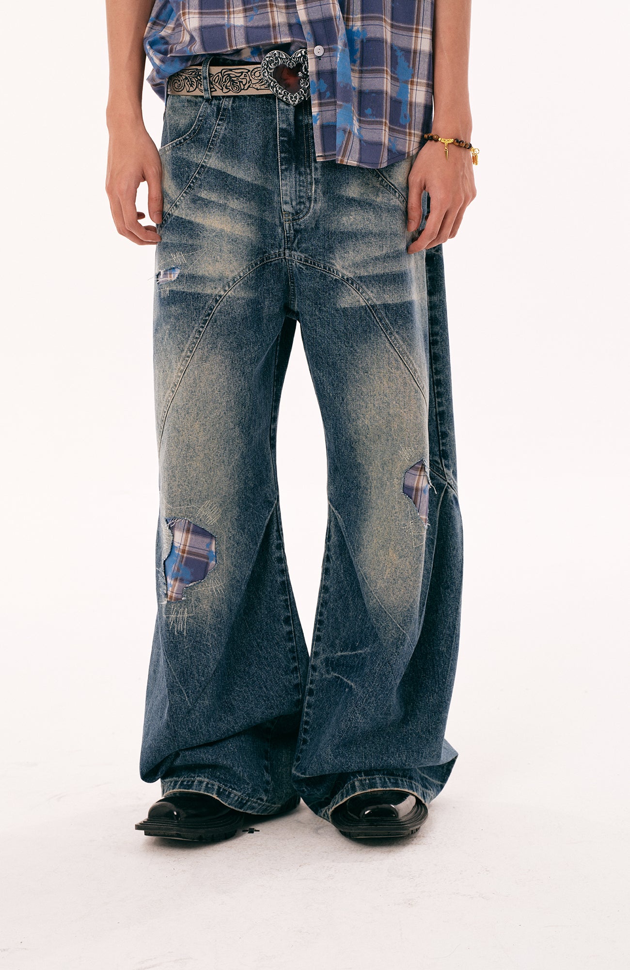 PASET Plaid Patch Distressed Wide-Leg Jeans