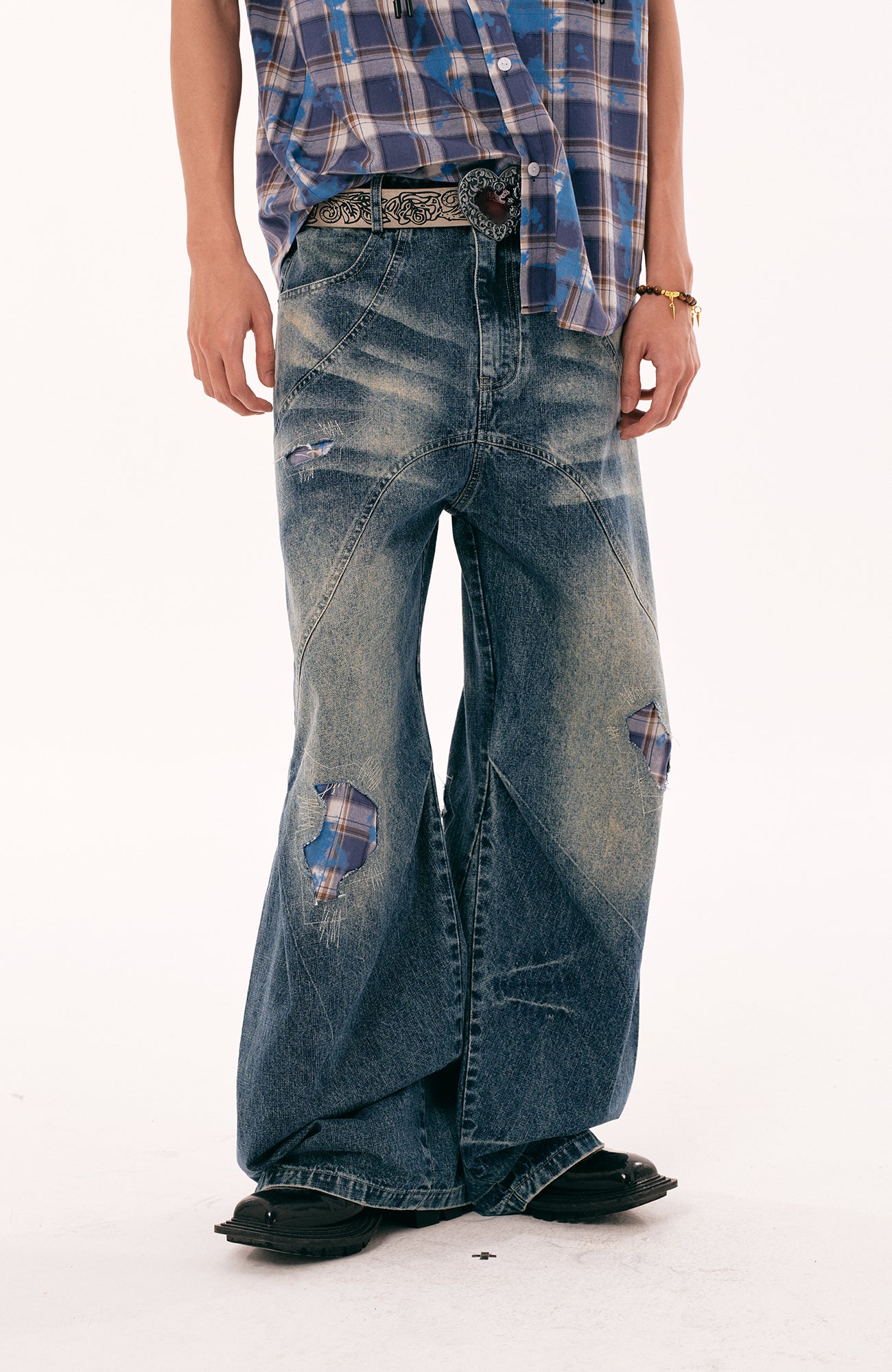 PASET Plaid Patch Distressed Wide-Leg Jeans
