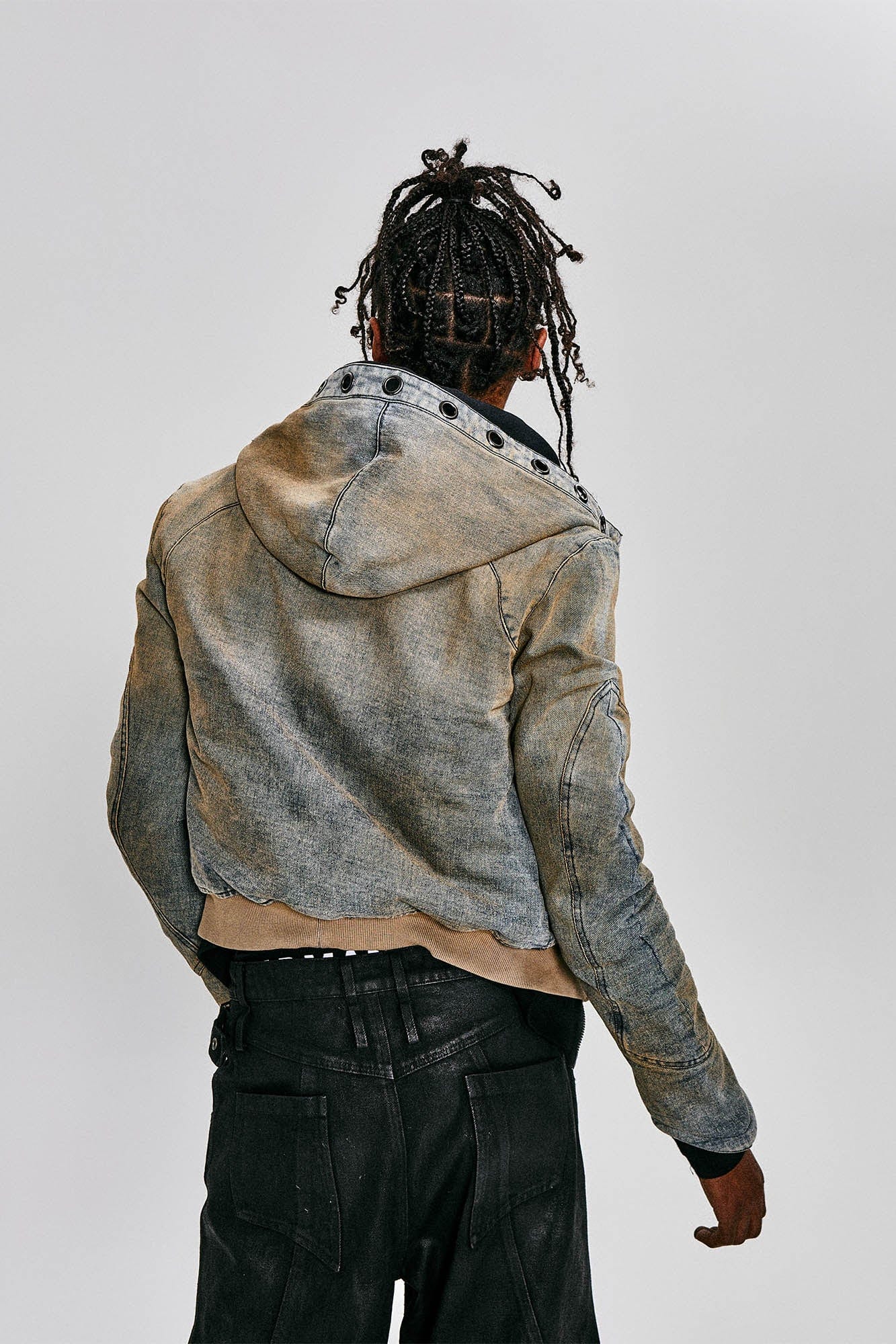 FLYERRER Distressed Spliced Studded Hooded Short Denim Jacket, premium urban and streetwear designers apparel on PROJECTISR.com, FLYERRER