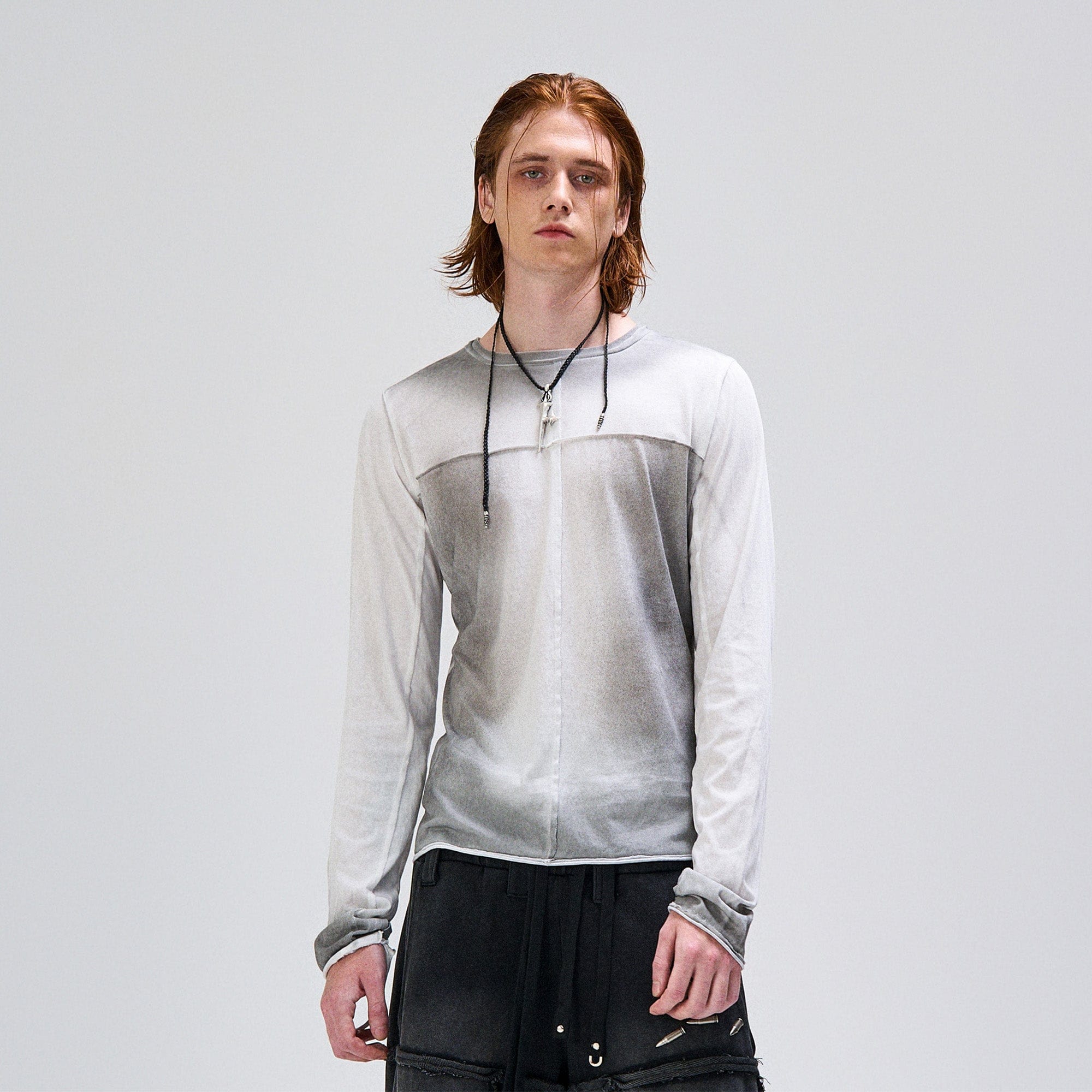 FLYERRER Washed Gradient Cross-Panel Raw-Edge Long-Sleeve Tee, premium urban and streetwear designers apparel on PROJECTISR.com, FLYERRER