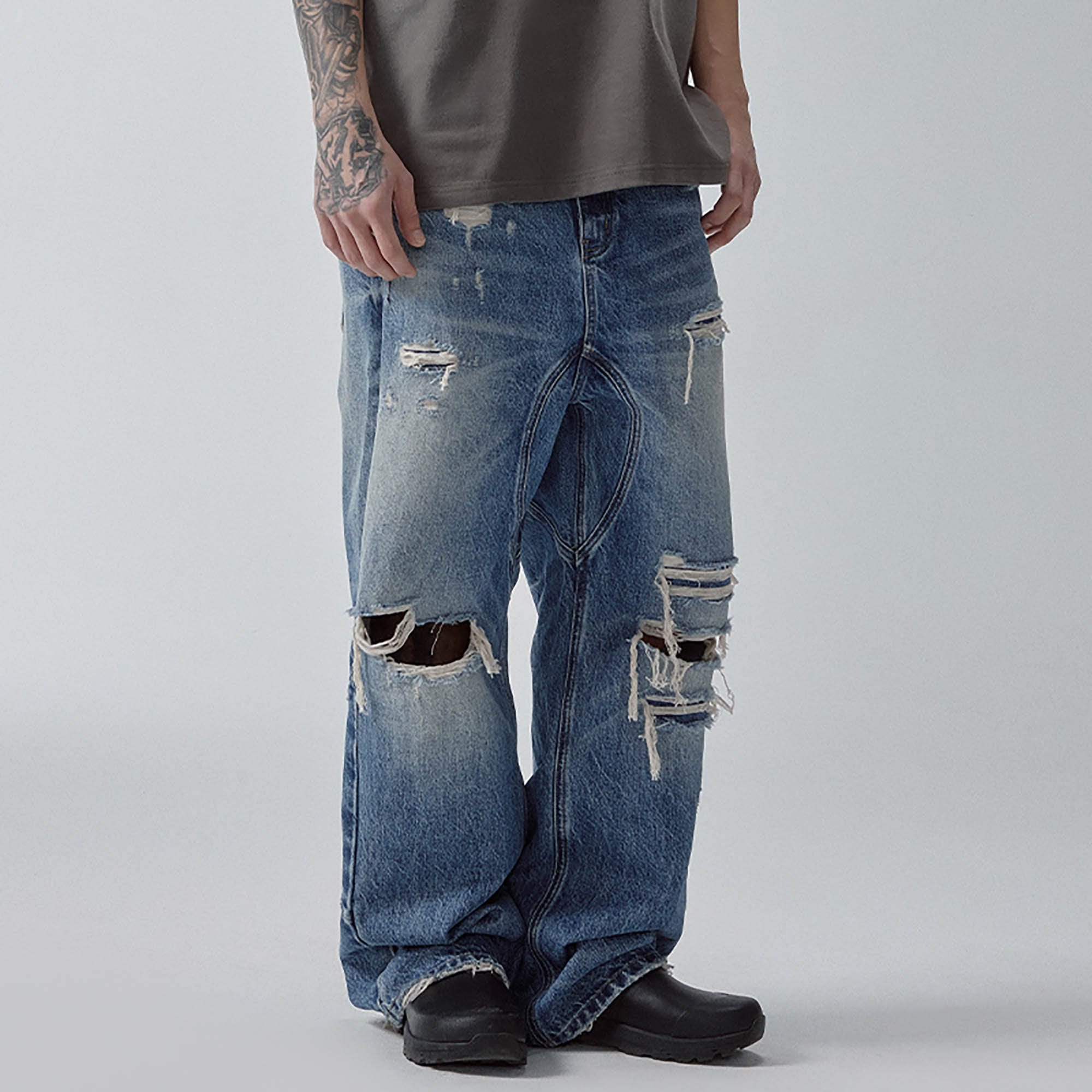 F2CE Ripped Curved Spliced Jeans, premium urban and streetwear designers apparel on PROJECTISR.com, F2CE