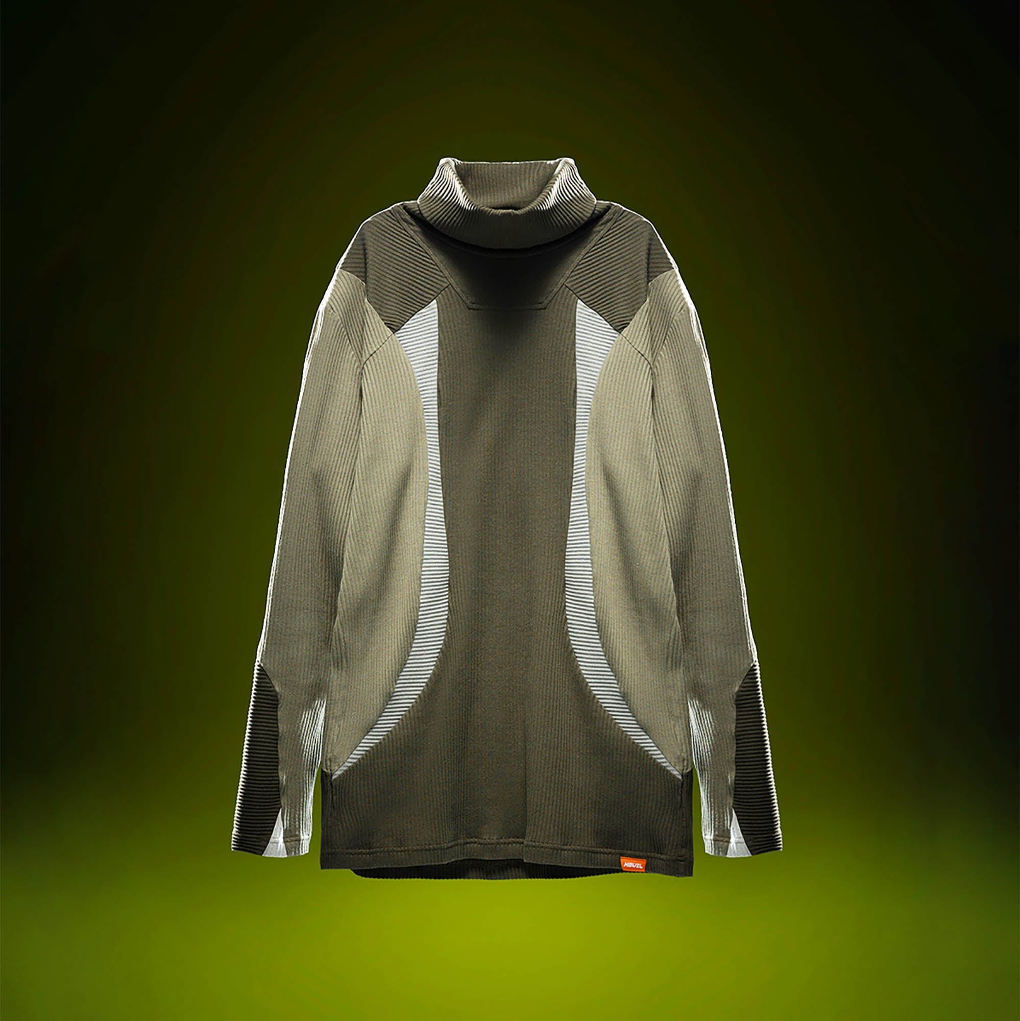 XIPHEVIL Ribbed Paneled Turtleneck Long-Sleeve Tee Green, premium urban and streetwear designers apparel on PROJECTISR.com, XIPHEVIL
